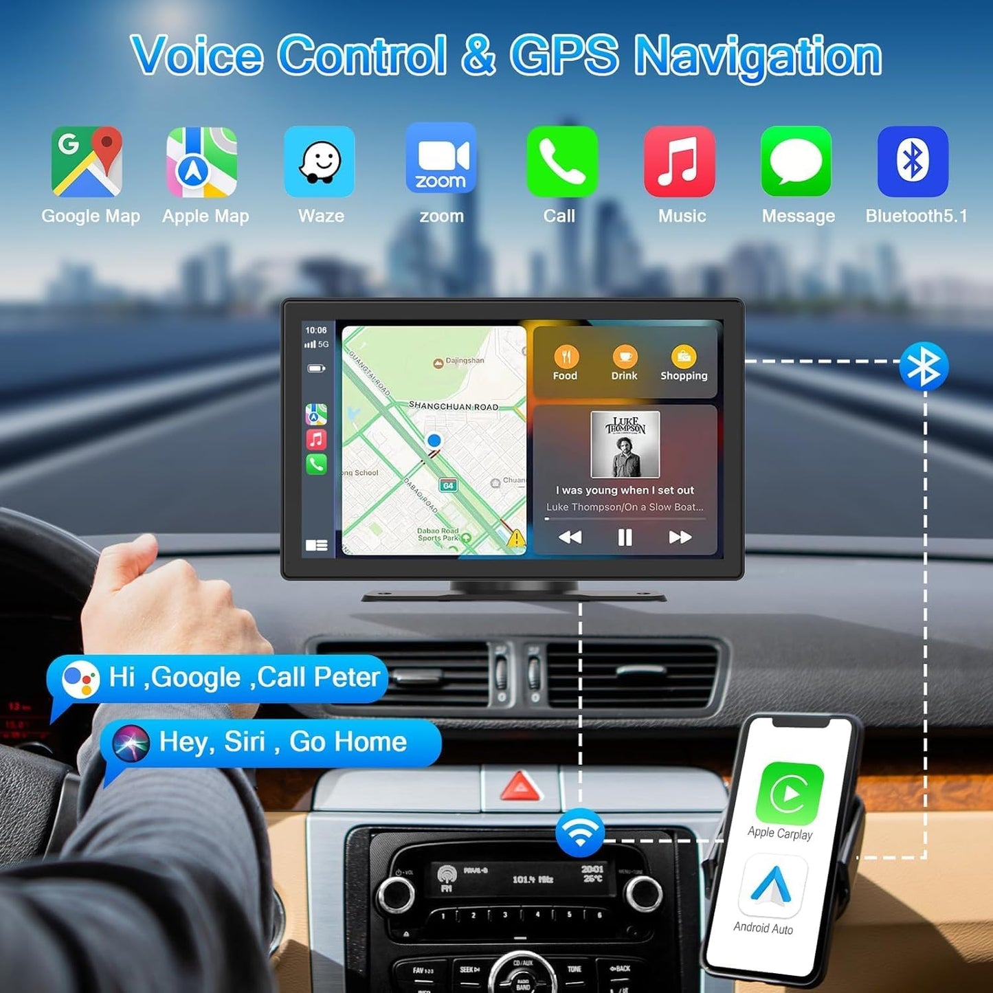 Portable Carplay Screen for Car, 9" Wireless Carplay Touchscreen with 4K Dash Cam, Android Auto Car Stereo, Car Audio Receivers with 1080p Backup Camera, GPS, Bluetooth, FM, Siri