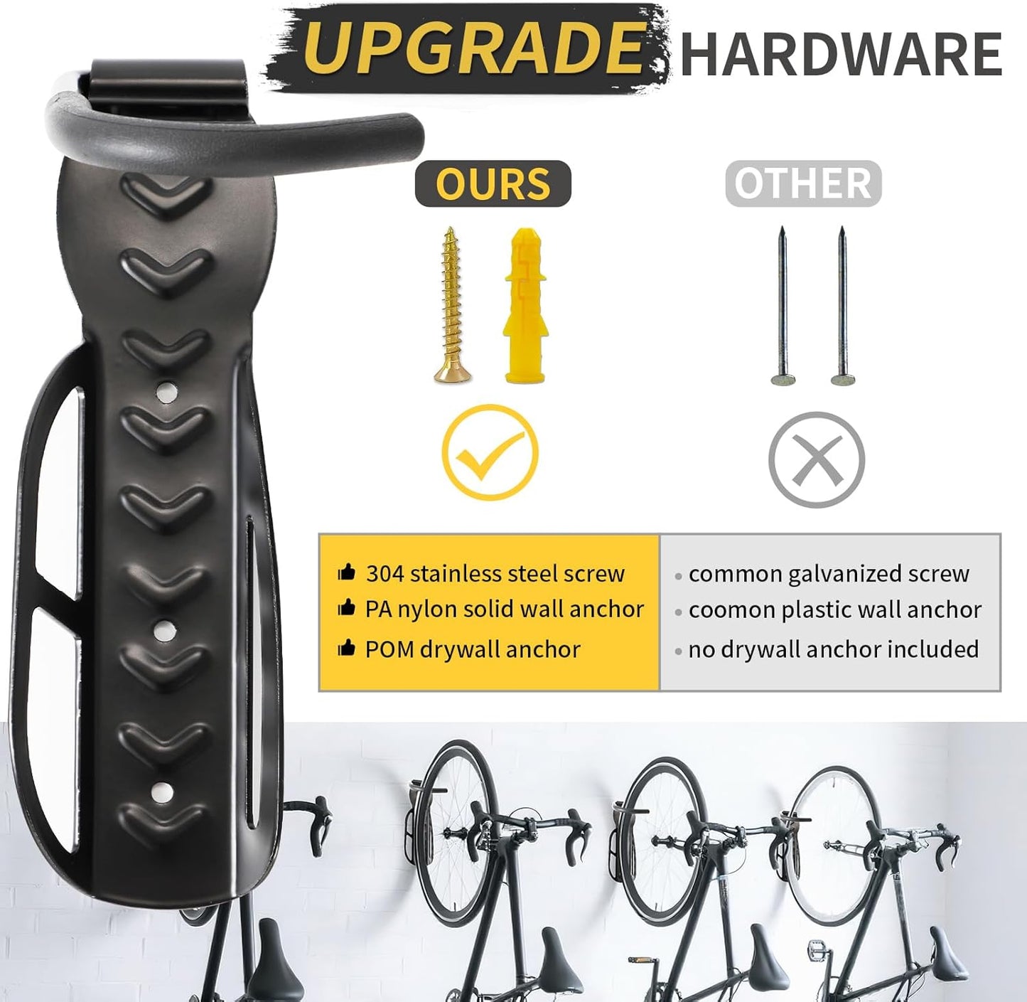 Vertical Bike Rack Wall Mount for Garage–Heavy-Duty Steel Bicycle Hook for Indoor Storage, Space-Saving Holder for Road, Mountain & Hybrid Bikes, Fits Tires Up to 2.6" Wide (2 Pack)