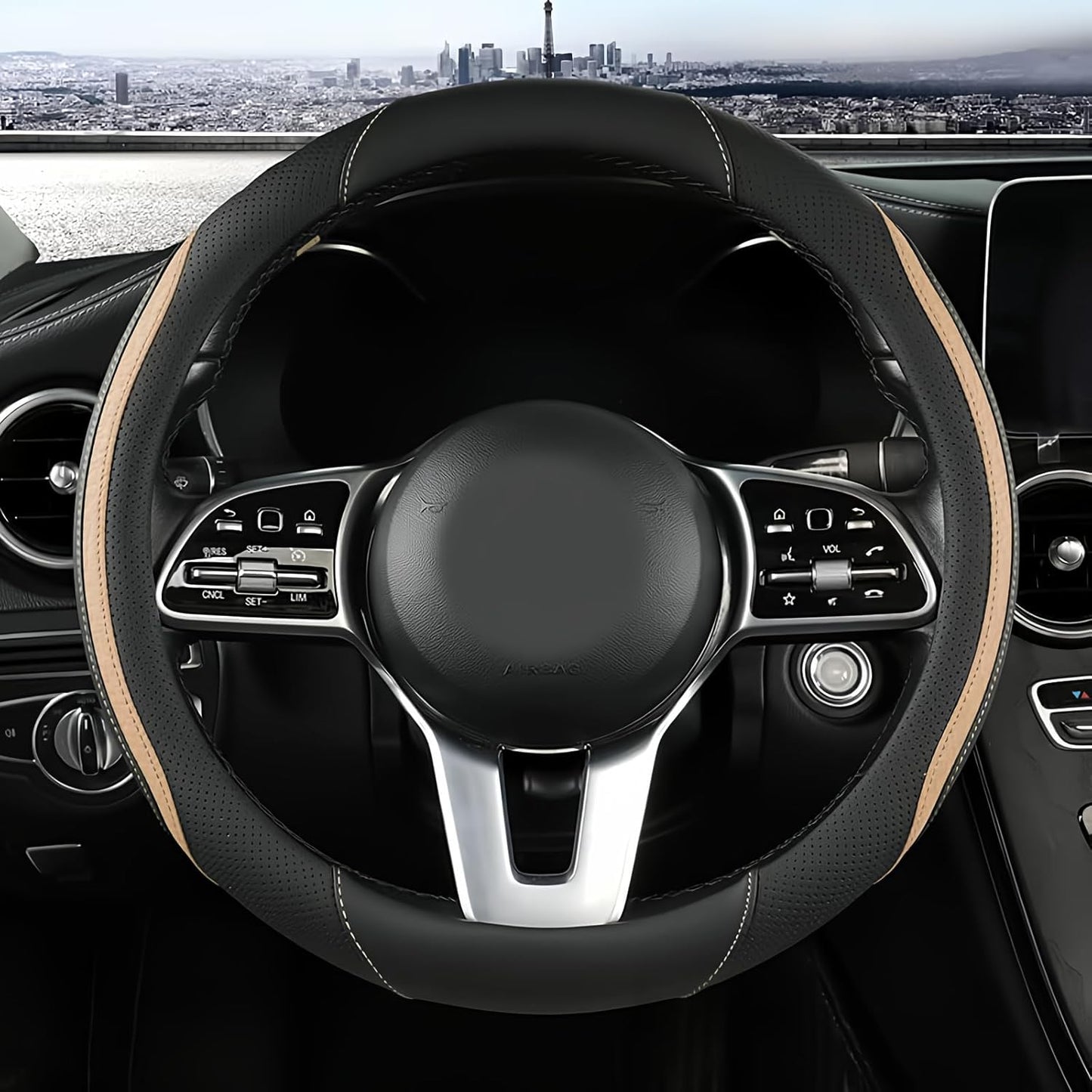 Car Steering Wheel Cover, Leather Steering Wheel Cover Beige Universal 14.5-15 Inch Microfiber Leather Anti-Slip Breathable Auto Steering Wheel Covers for Men Women (Black&Beige)