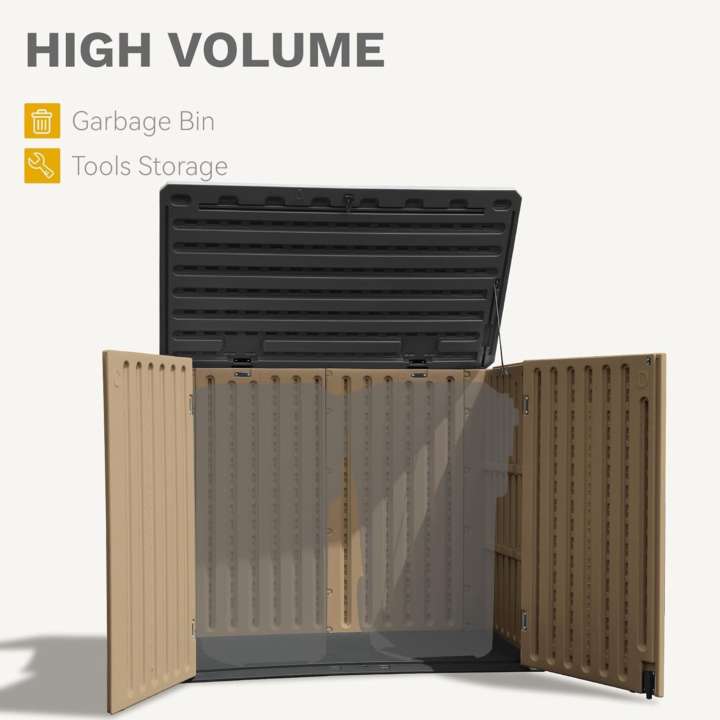 DWVO 47 cu ft Spacious Horizontal Storage Unit, Outdoor Resin Tool Locker Without Shelf, Waterproof Lockable Container with Base for Gardening, Waste Bins, Grass Cutter, 4.5x2.8x3.9 ft, Brown