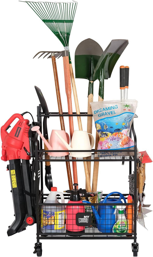 Mythinglogic Garden Tool Organizer for Garage, Yard Tool Rack with Wheels, Garage Organizers and Storage Holder for Yard Tools (Deluxe Tower)