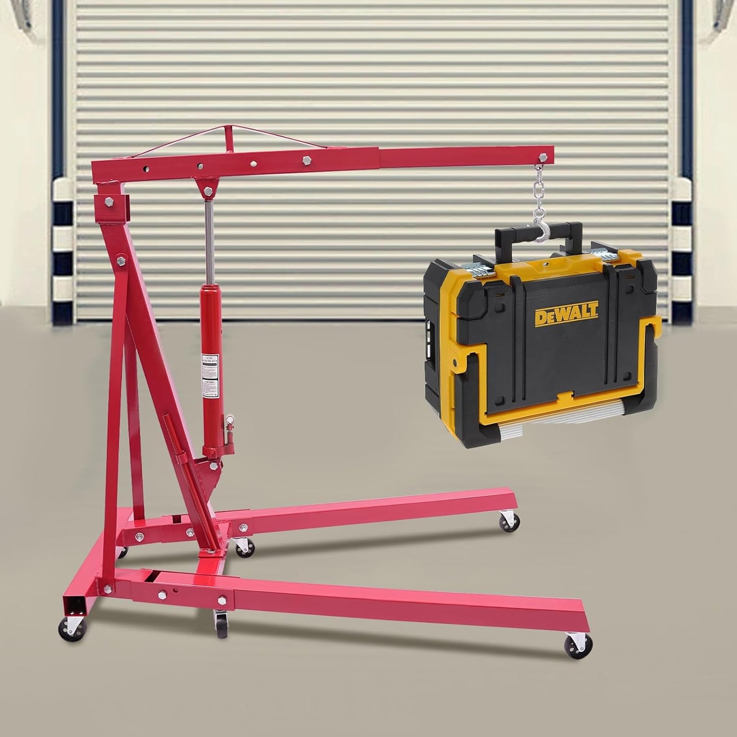 Folding Engine Crane 1 Ton Folding Engine Hoist 2200lbs Hydraulic Crane with 6 Iron Caster Wheels for Garage, Workshop (Red)