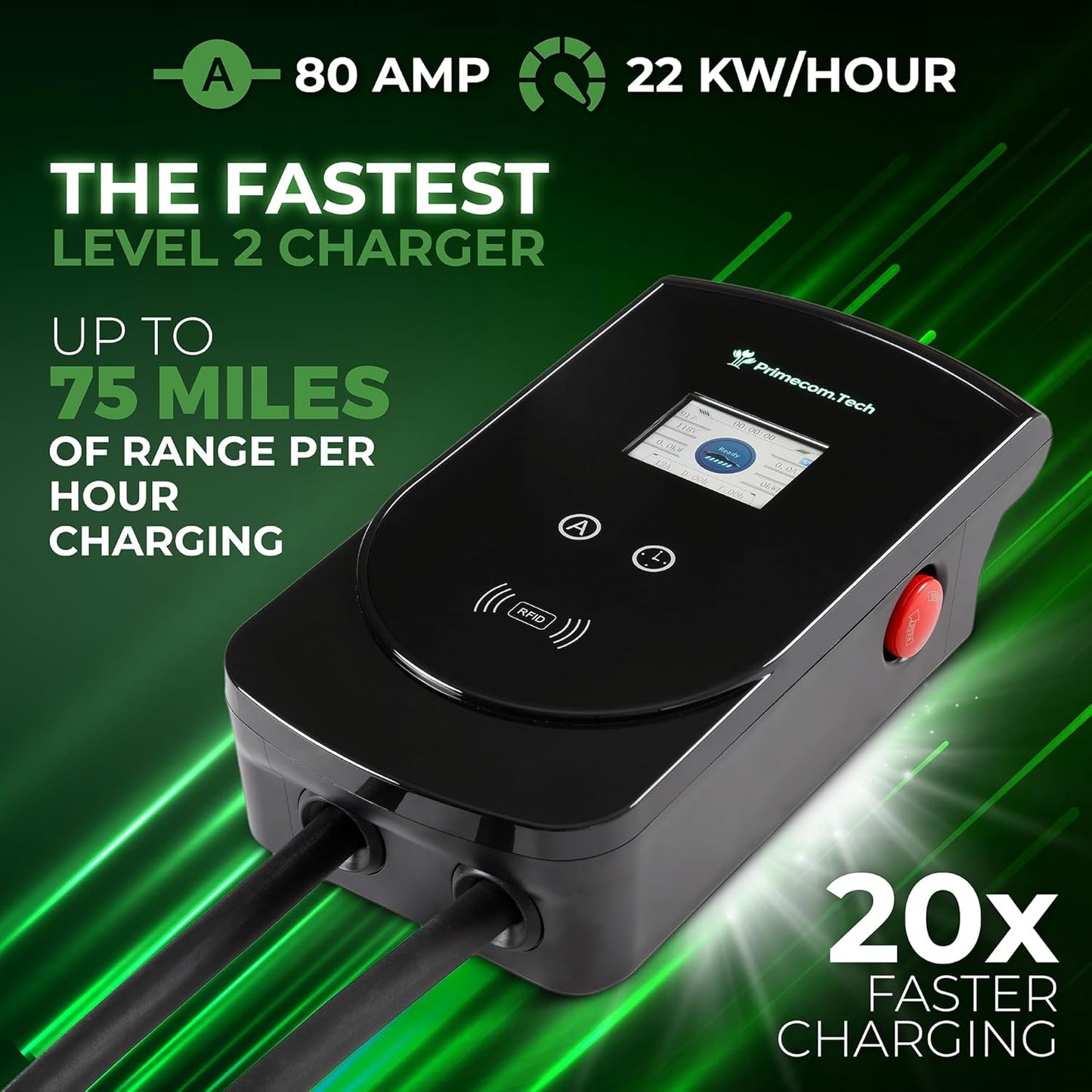 PRIMECOM 80 Amp 22KW 220Volt Level-2 18ft to 50ft Cord Lengths 20X Fast Smart Electric Vehicle EV Charging Station Ford Transit F-150 Lucid Air Polestar TeslaXS Taycan (50 Feet)