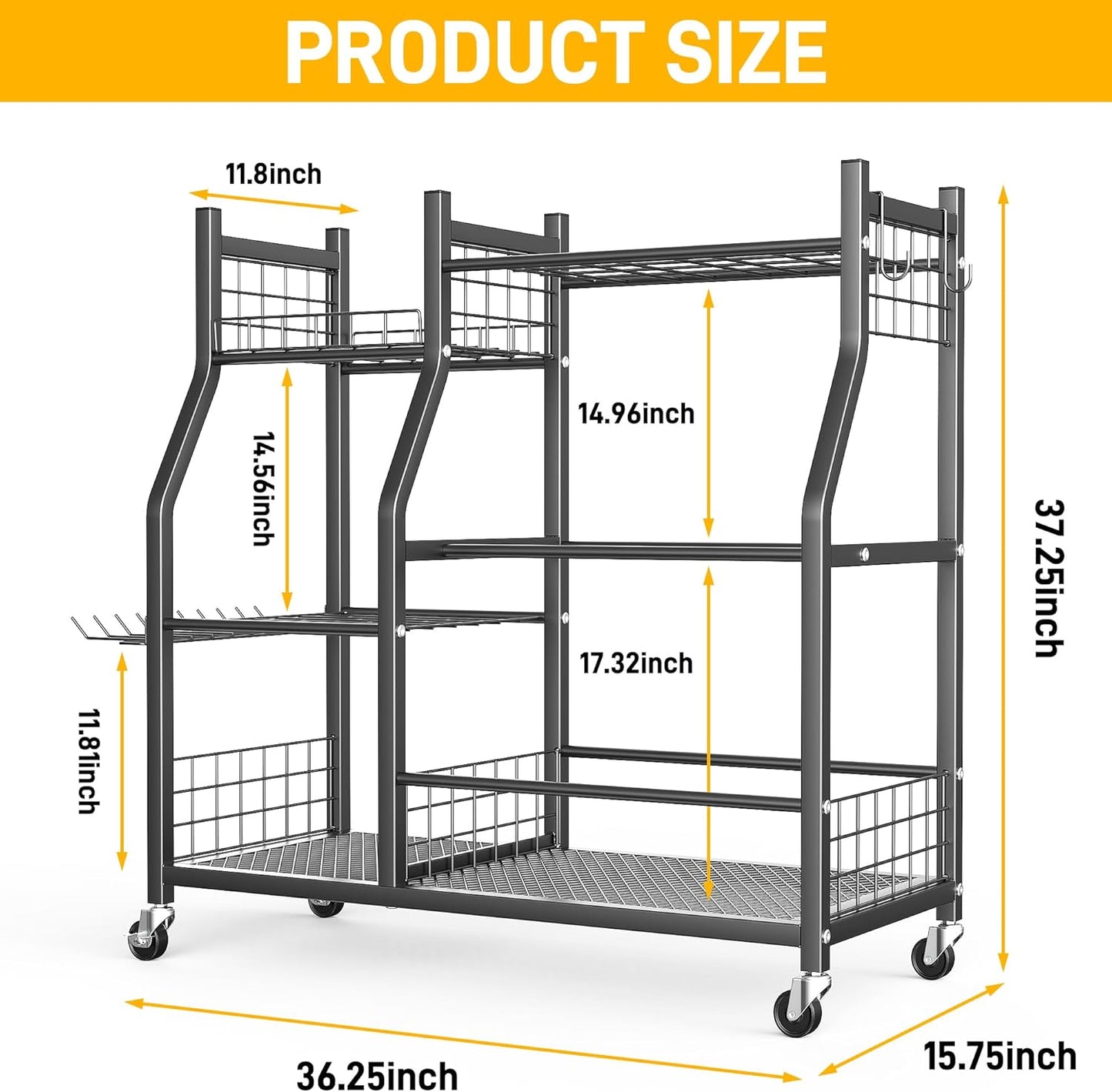 Ultrawall Garden Tool Organizer, Yard Tool Storage Rack for Garage Organization with Lockable Wheels, Garden Tool Stand for Rake, Brooms, Indoor & Outdoor Use
