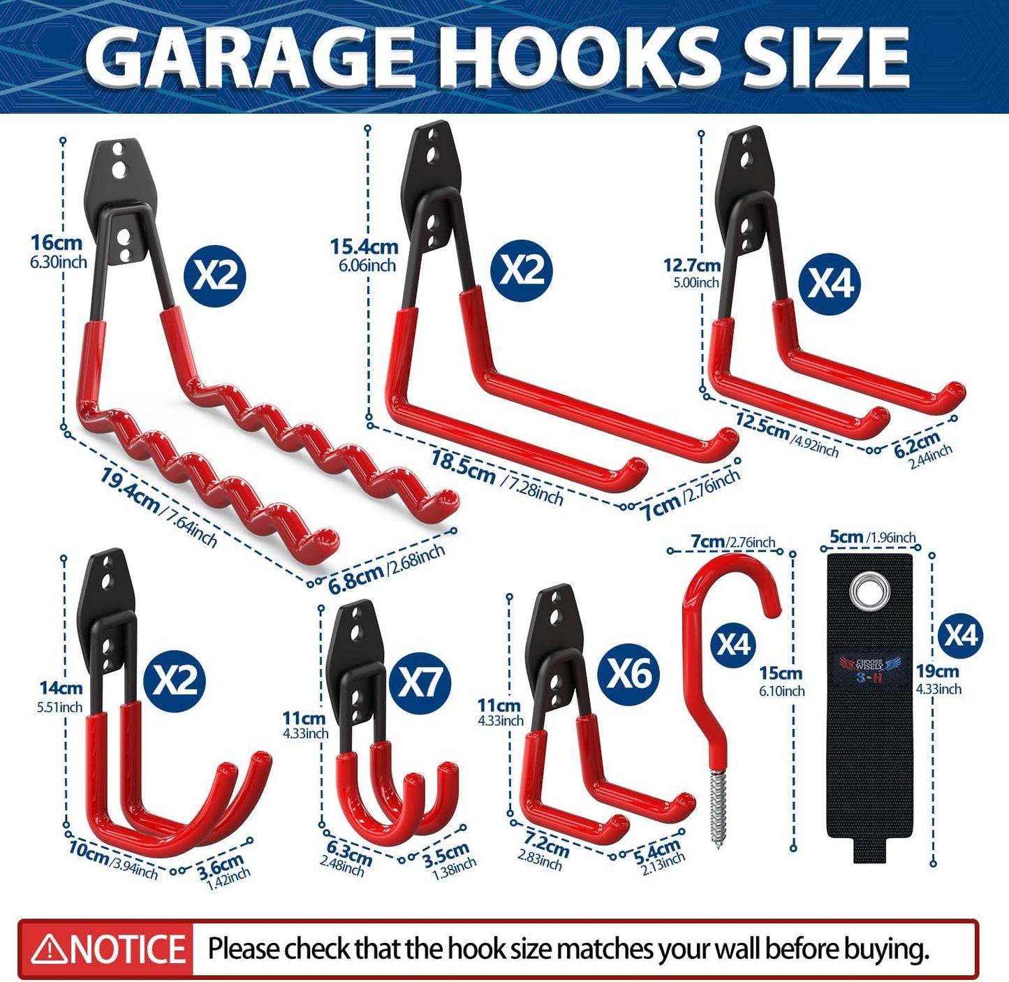3-H Garage Wall Hooks 31 Pack, Garage Hooks Heavy Duty with Extra Welding Spots, Garage Organizer for Garden, Lawn, Yard Tools, Chairs, Ladders, Weed Eater, Shovel, Blower (Red)