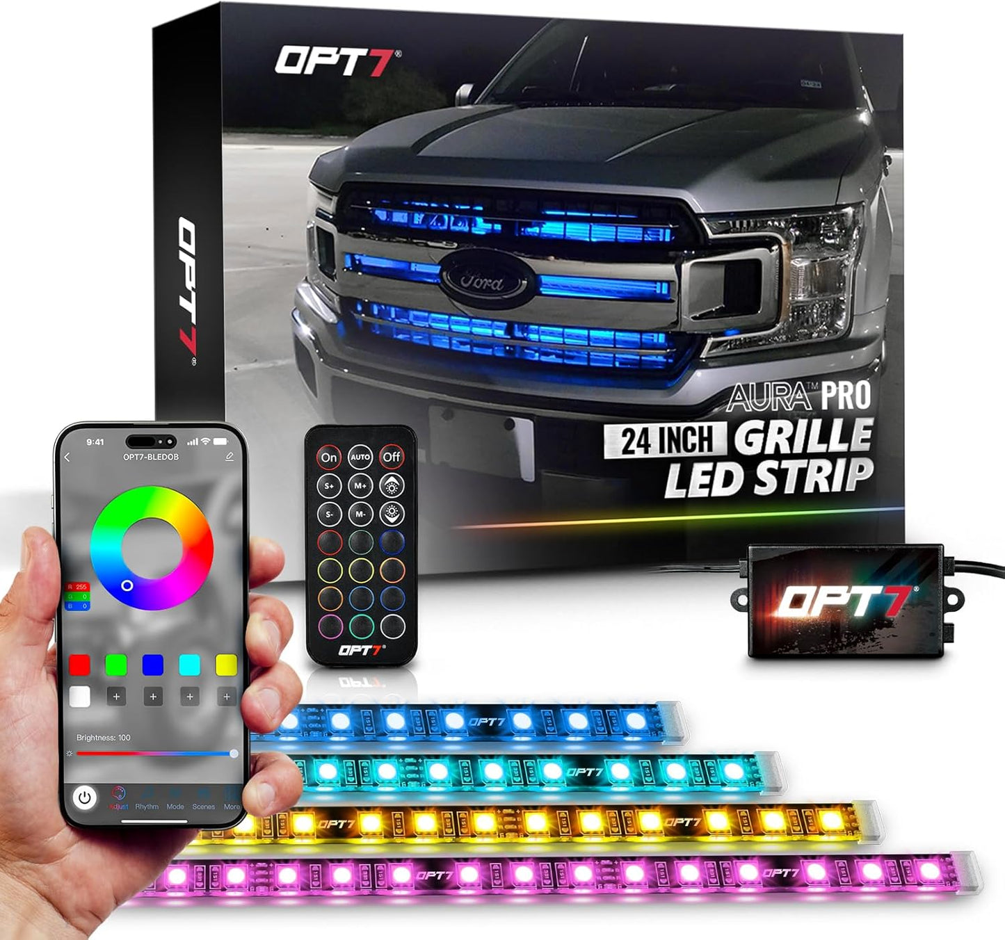 OPT7 Aura Pro RGB LED Grille Lights with App & Remote Control, 4pc 24" Light Strips, Waterproof Front Grill Lighting, Music Sync, Multi-Color, Trucks Decor Accessories for Tacoma Tundra 4Runner