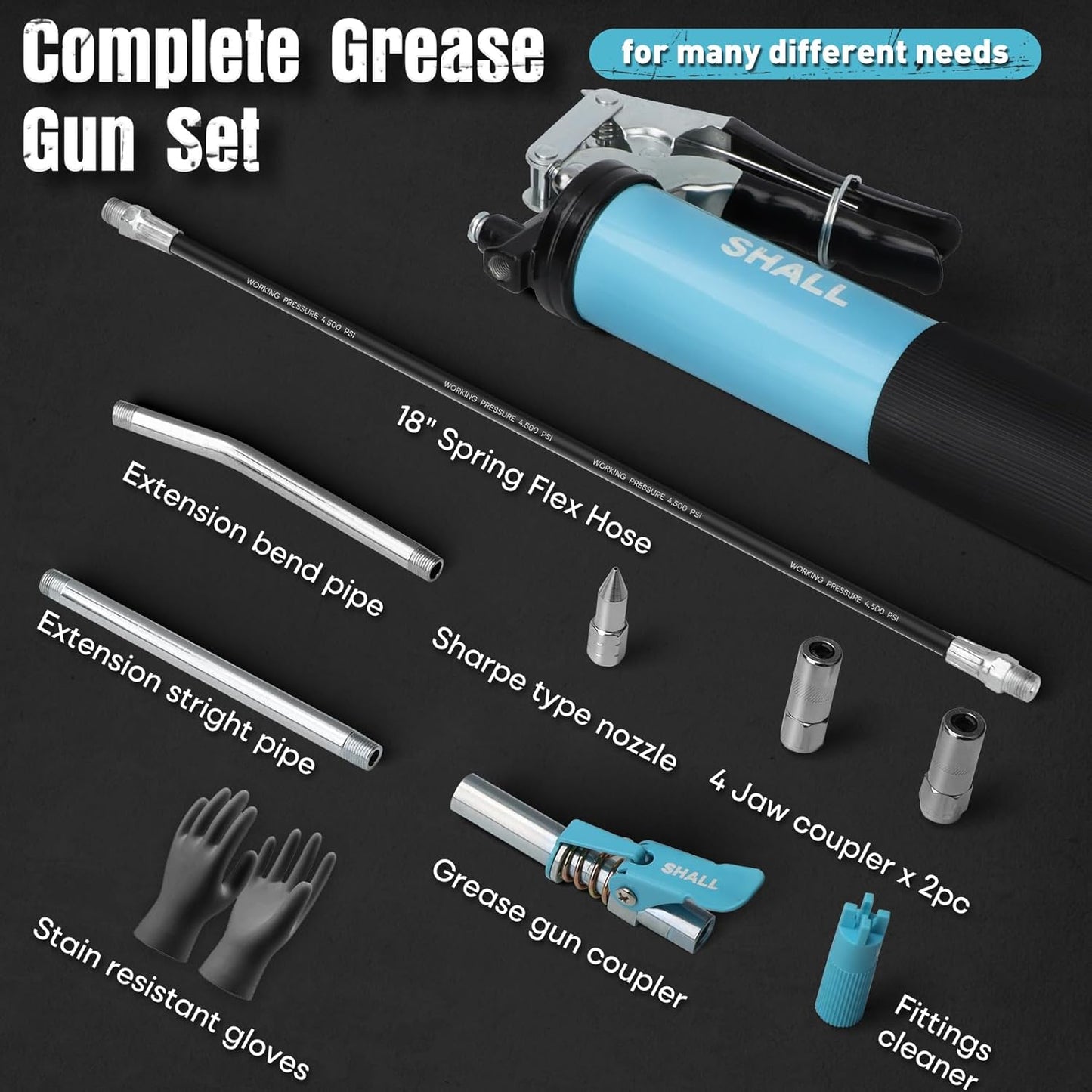SHALL Grease Gun, 7000 PSI Heavy Duty Pistol Grip Grease Gun Kit w/Grease Gun Coupler, 18” Spring Flex Hose, Reinforced Coupler, 2 Extension Rigid Pipe, Sharp Nozzle, Fittings Cleaner | 14oz Load