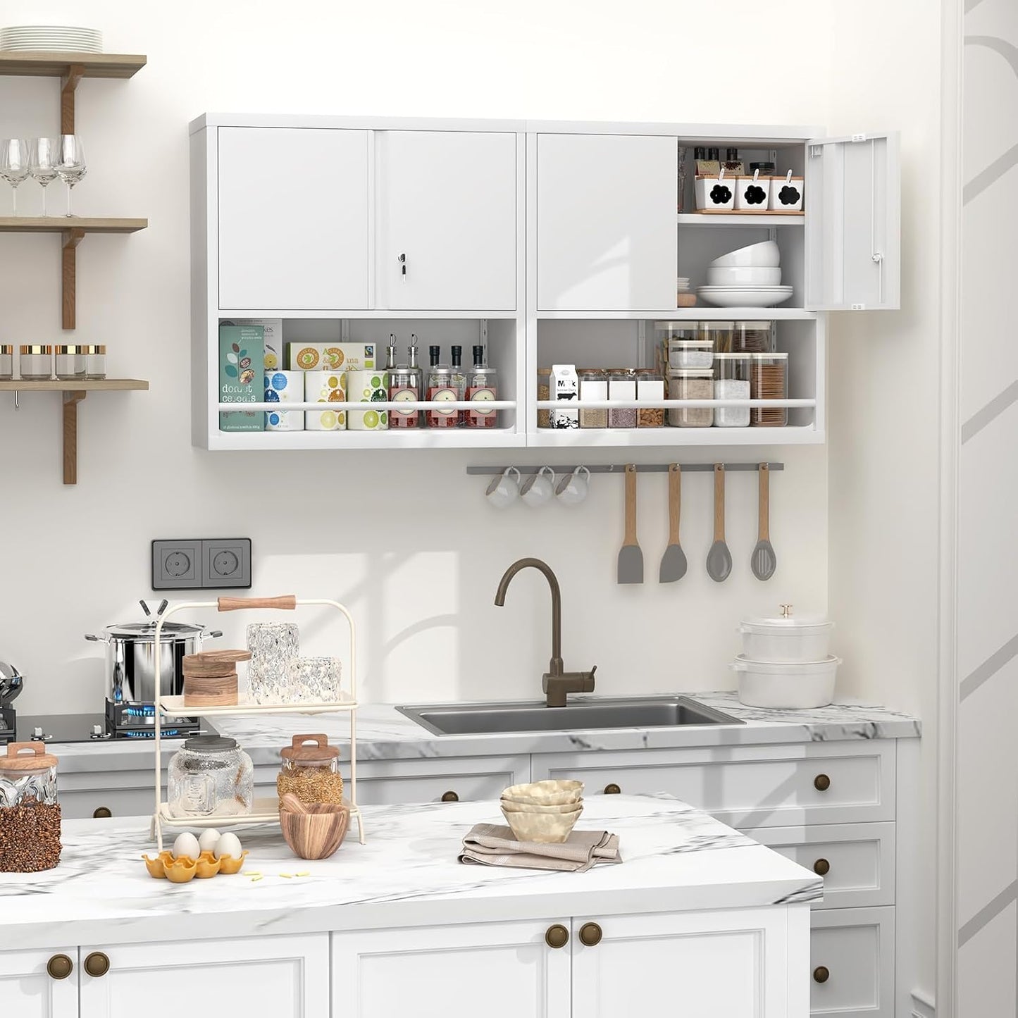 GREATMEET 31" H Locking Metal Garage Storage Cabinet with Doors and Shelves, Lockable Wall Cabinet Storage, White Steel Wall Mount Cabinet Hanging Floating for Office Utility Room