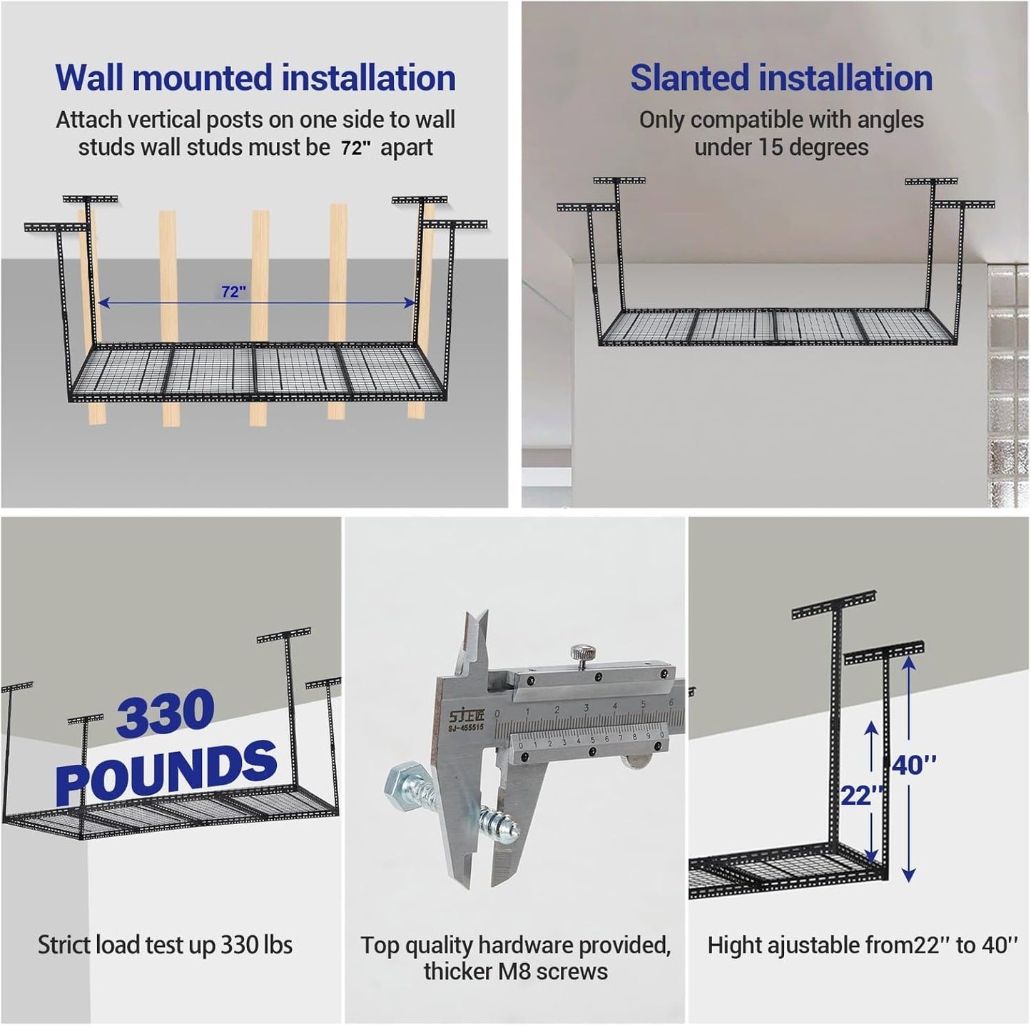 Overhead Garage Storage Rack 4x6 FT, Steel Ceiling Shelves 330lb Capacity, Height Adjustable 22-40 Inches, Space-Saving for Attic Basement Shed (Black, 4 Posts)