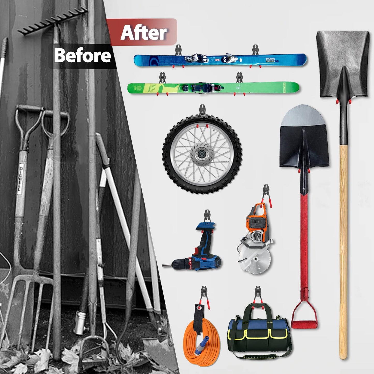 3-H Garage Wall Hooks 42 Pack, Heavy Duty Garage Hooks with Extra Welding Spots, Wall Mount Storage Organizer for Hanging Garden Lawn Tools, Ladder, Bike, WeedEater, Chair, Shovel, Blower (Red)