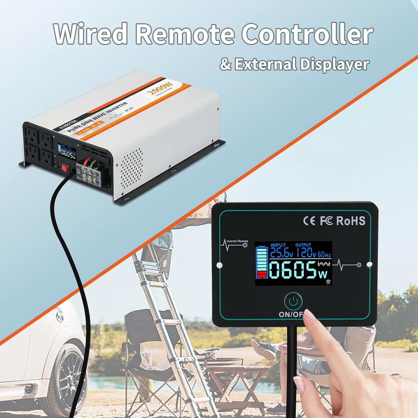 2000W Pure Sine Wave Inverter 24V DC to 120V AC Converter for Truck Boat Camping Outdoor Solar System, 2000 Watt Power Inverter with LCD Display, Remote Controller, USB Port, 4 AC Outlets