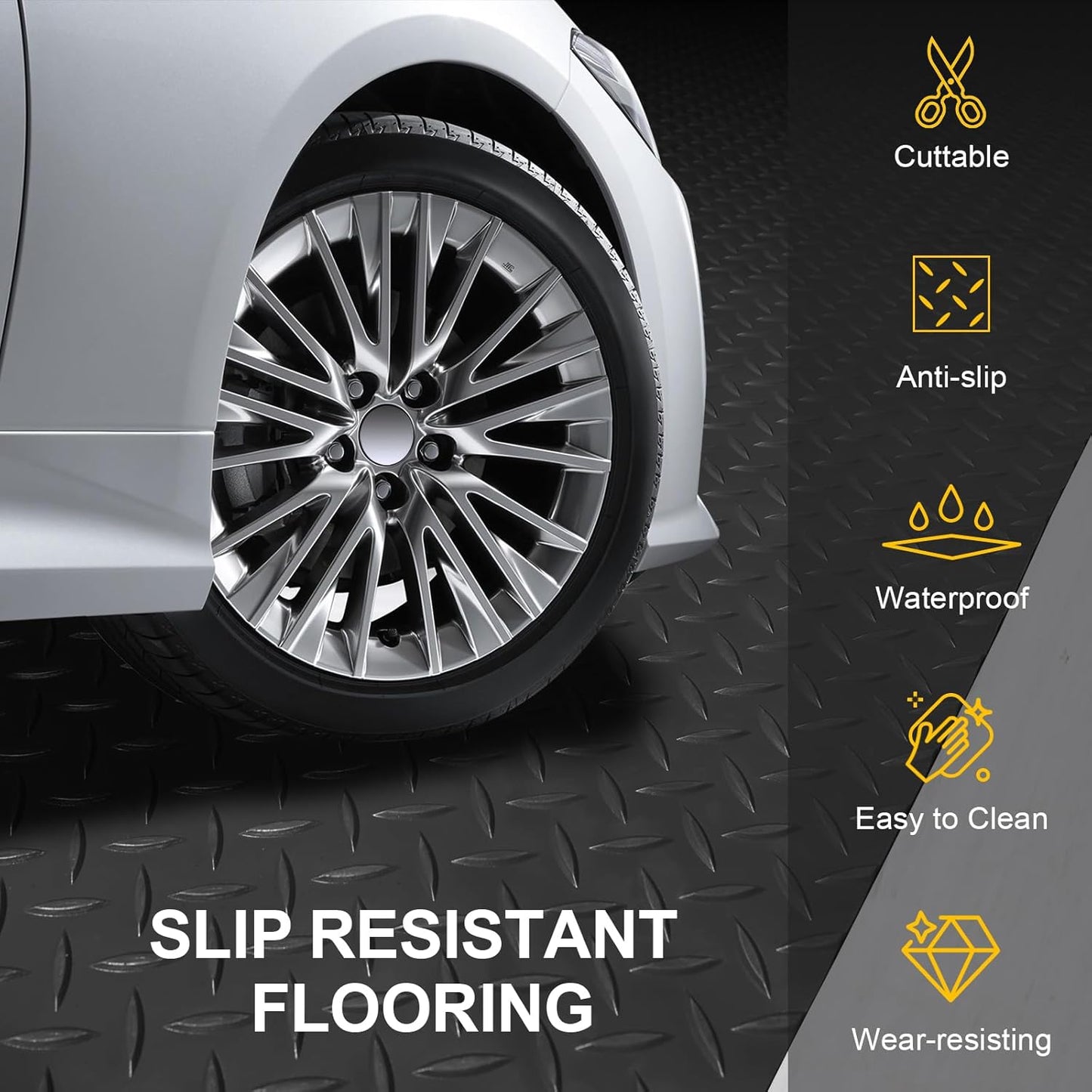 Garage Floor Mat 2.8mm Thickness PVC Garage Flooring Roll Diamond Plate Floor Mats for Garage, Workshop, Gym, Golf Cart Parking or Trailers (Black, 7.5 x 17 FT)