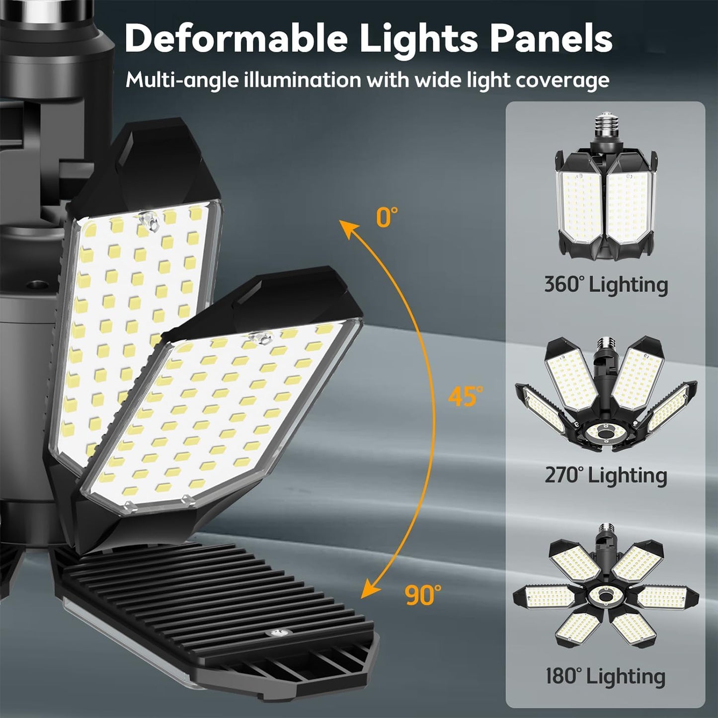LED Garage Light Super Bright 15000LM LED Shop Lights 6500K Garage Lighting, 360° & 180°Adjustable Basement Lights with 6 Deformable Panels Screw in E26/E27 Socket for Workshop Storage Barn Attic