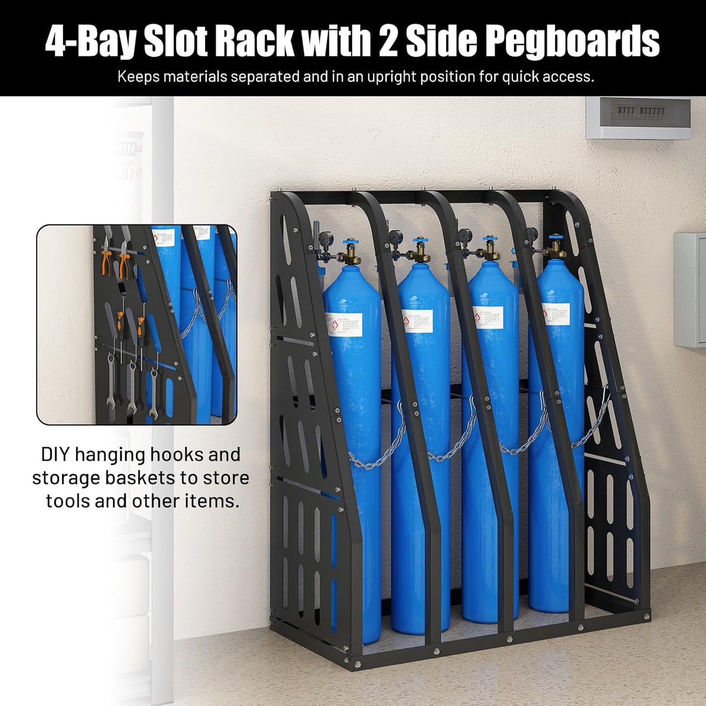 1500LBS Vertical Bar Rack Standing Storage Rack, 47" W x 24" D x 60" H Steel Vertical Long Parts Storage Rack with Galvanized Chains & 2 Side Pegboards, 4 Bays Lumber Storage Rack for Garage Storage