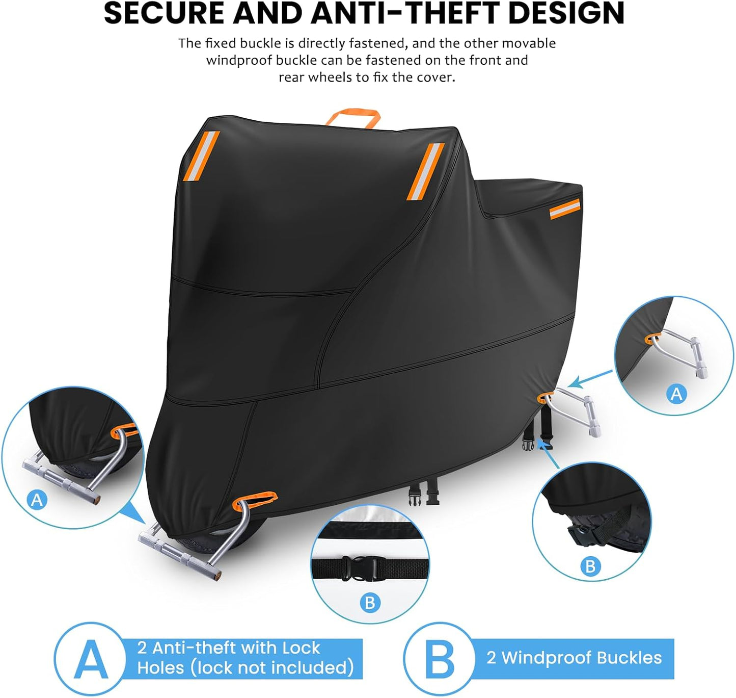 Waterproof Motorcycle Cover Outdoor, Motorbike Scooter Moped Rain Dust Protection Cover with 4 Reflective Strips and 2 Windproof Buckles, 2 Lock-Holes for Scooter Moped (4XL: 116 x 37 x 55 inch)