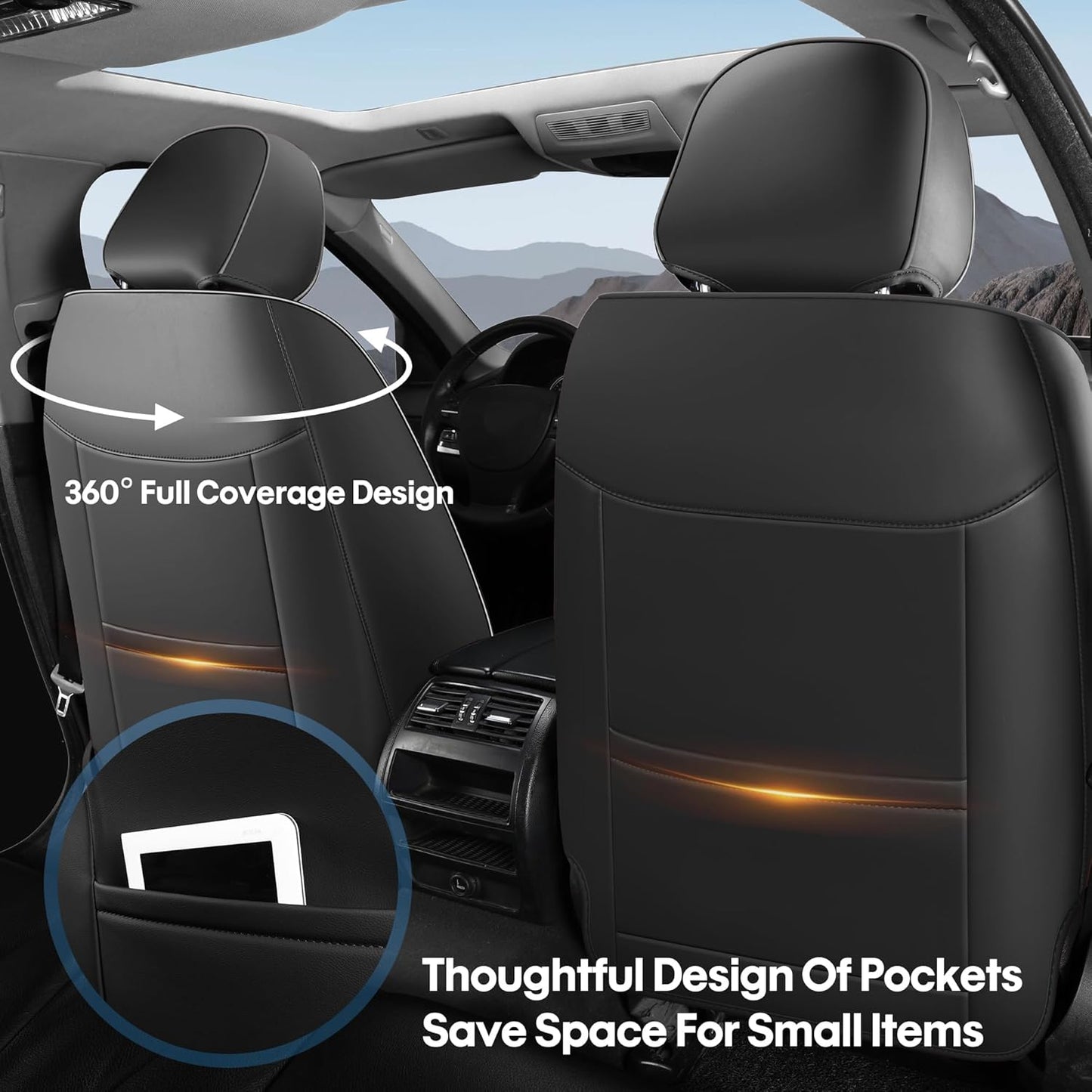 AOOG Car Seat Covers Full Set, Leather Seat Covers for Car, Waterproof Car Seat Protector with Lumbar Support, Automotive Seat Covers Universal Fit for Most Cars SUV Trucks (Full Set, Black)