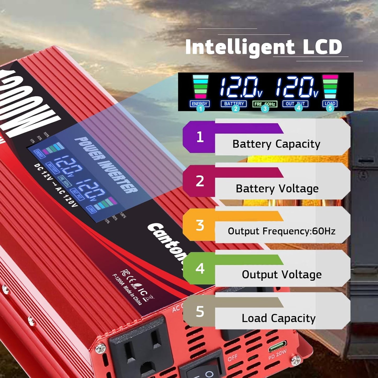 1200W/2400W(Peak) Car Power Inverter DC 12V to 110V/120V AC Converter with LCD Display Dual AC Outlets 3.0A USB and Type-C 12 Volt Inverter for Car Home Laptop Truck