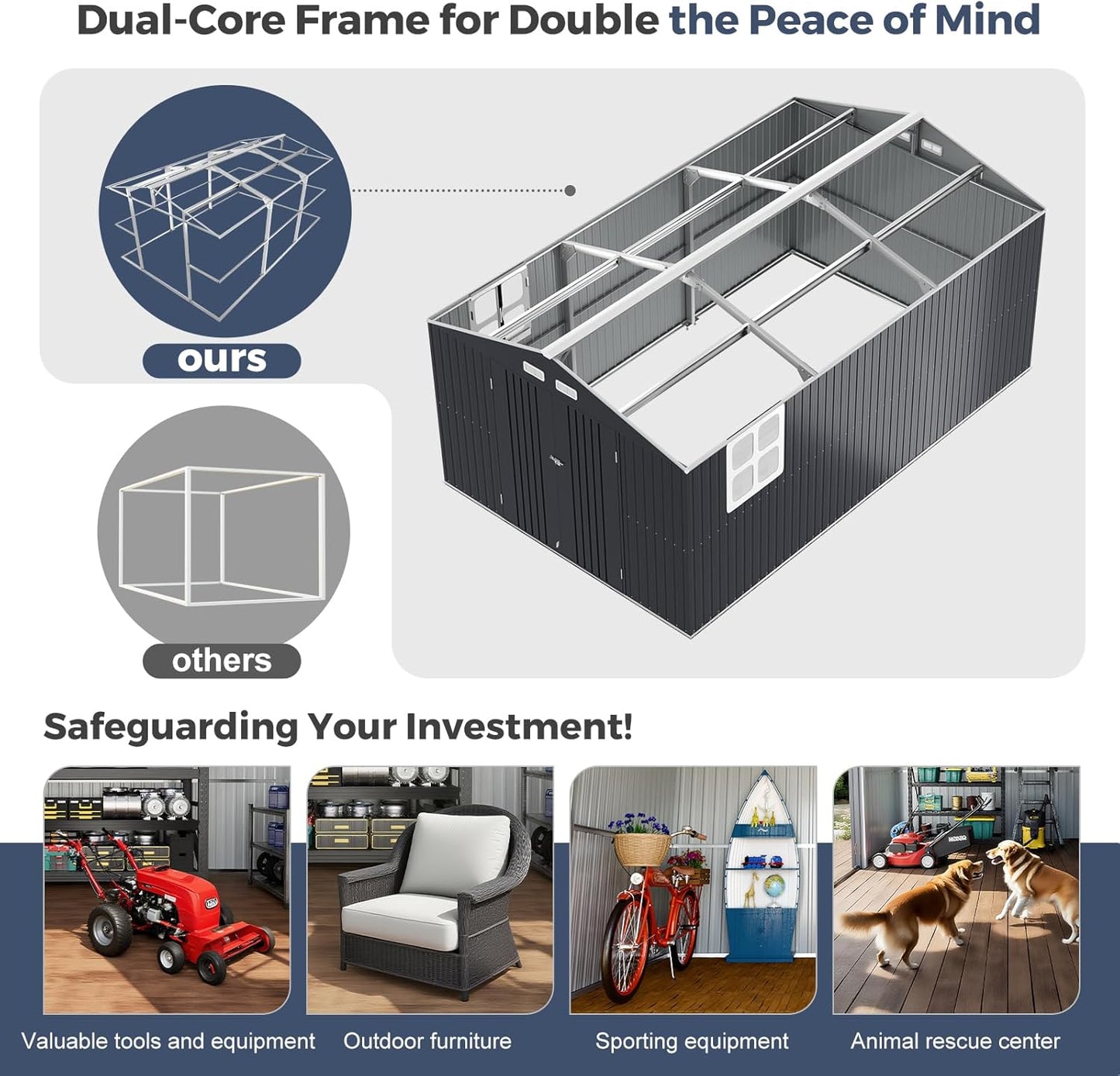 Metal Shed 10x16 FT Large with Customizable Skylight and Reinforced Steel Frame, Heavy-Duty Galvanized Steel Big Garden Sheds with Lockable Doors,4 Pane Windows, Large Utility Tool Sheds