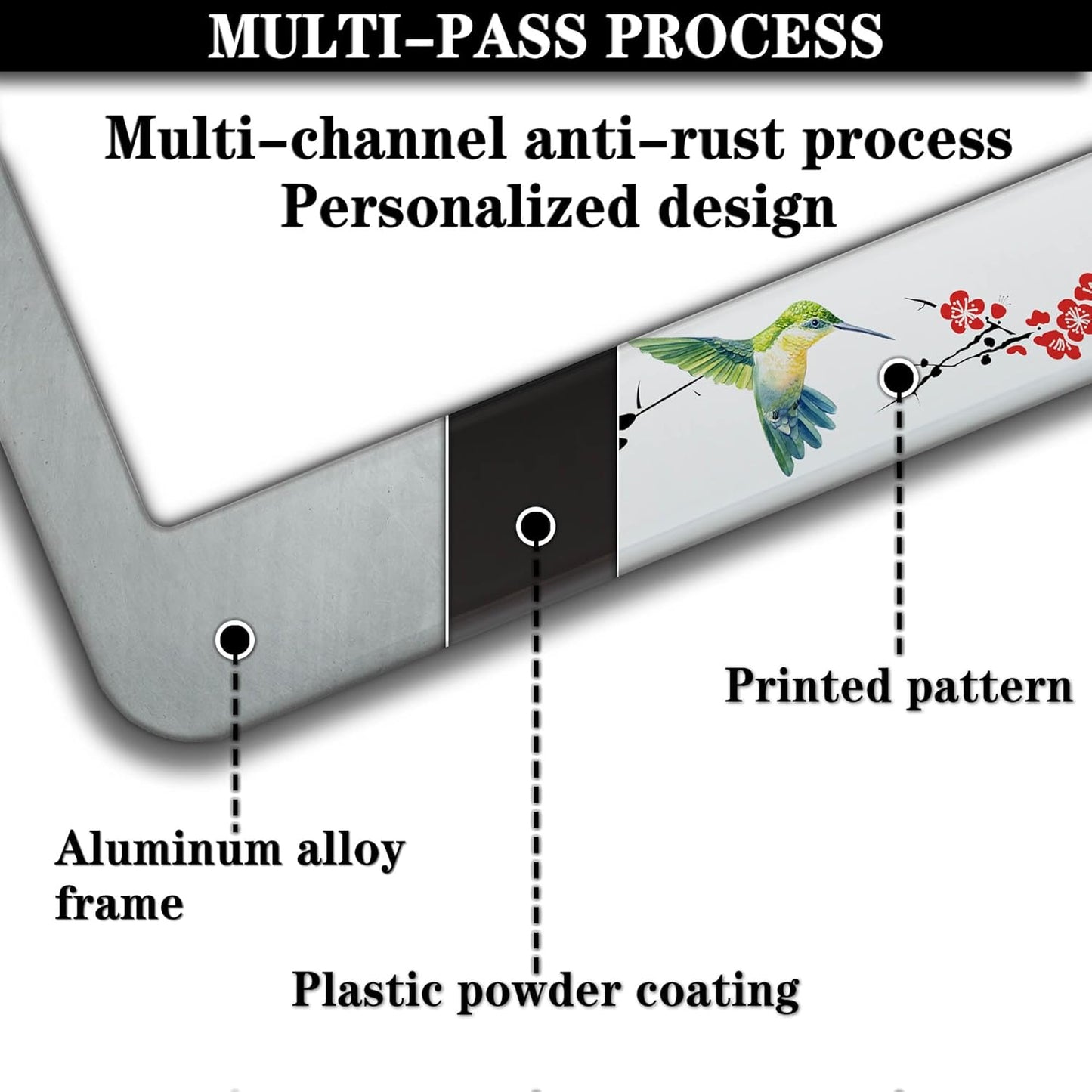 Automotive Exterior Accessories Black, White, and Red License Plate Frames Hummingbird Flowers Universal Aluminum Car Accessory 2 Pack with Screw Covers Set