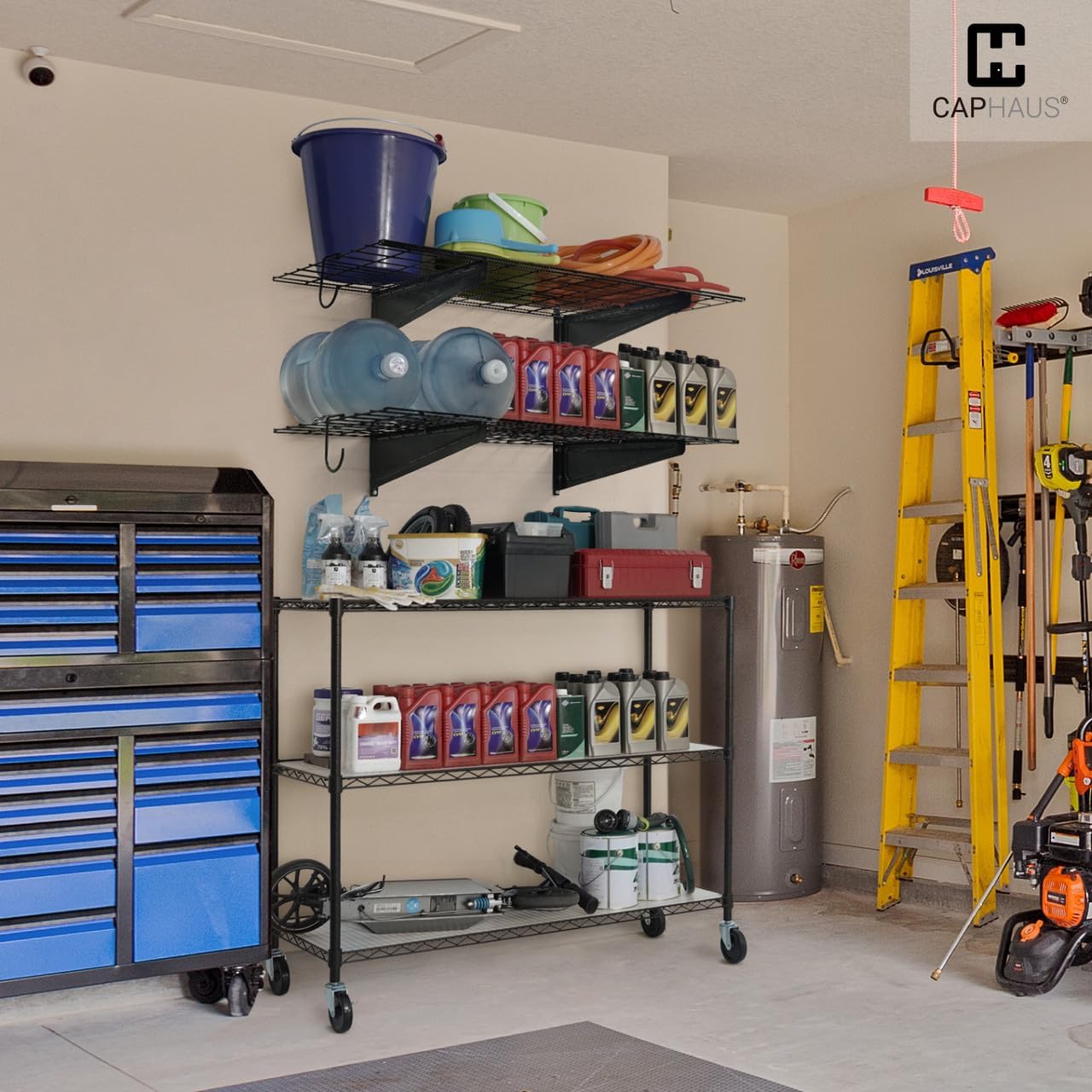 CAPHAUS 2-Pack Garage Shelving Wall Mounted 36x18 Inch, Heavy Duty Metal Wall Shelves with 4 Bike Hooks, 500lbs Capacity Storage Rack for Garage Organization System, White