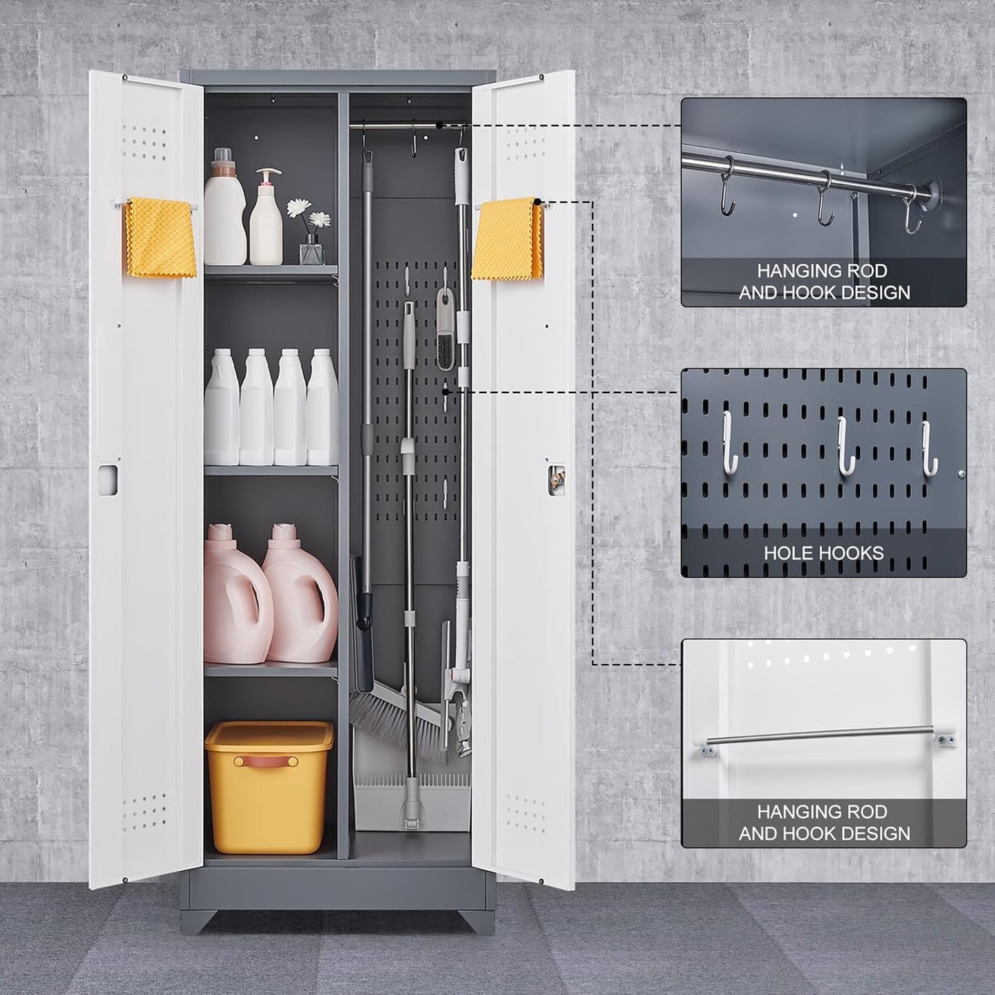 GREATMEET 65" Garage Storage Cabinet, Broom Closet Storage Cabinet, Metal Cabinets with Doors and Shelves, Utility Closet for Brooms and Mops, Utility Cabinets for Storage, Grey&White