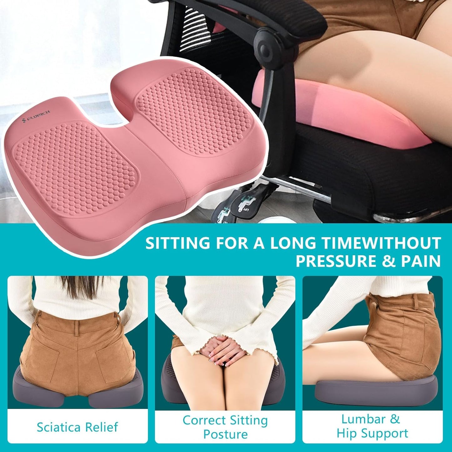 FLORICH 3 PCS Seat Cushion for Carseat Lumbar Support Pillow Car Neck Headrest Pillows Memory Foam Seat Pads Pressure Relief Back Cushion for Office Chair(Pink)