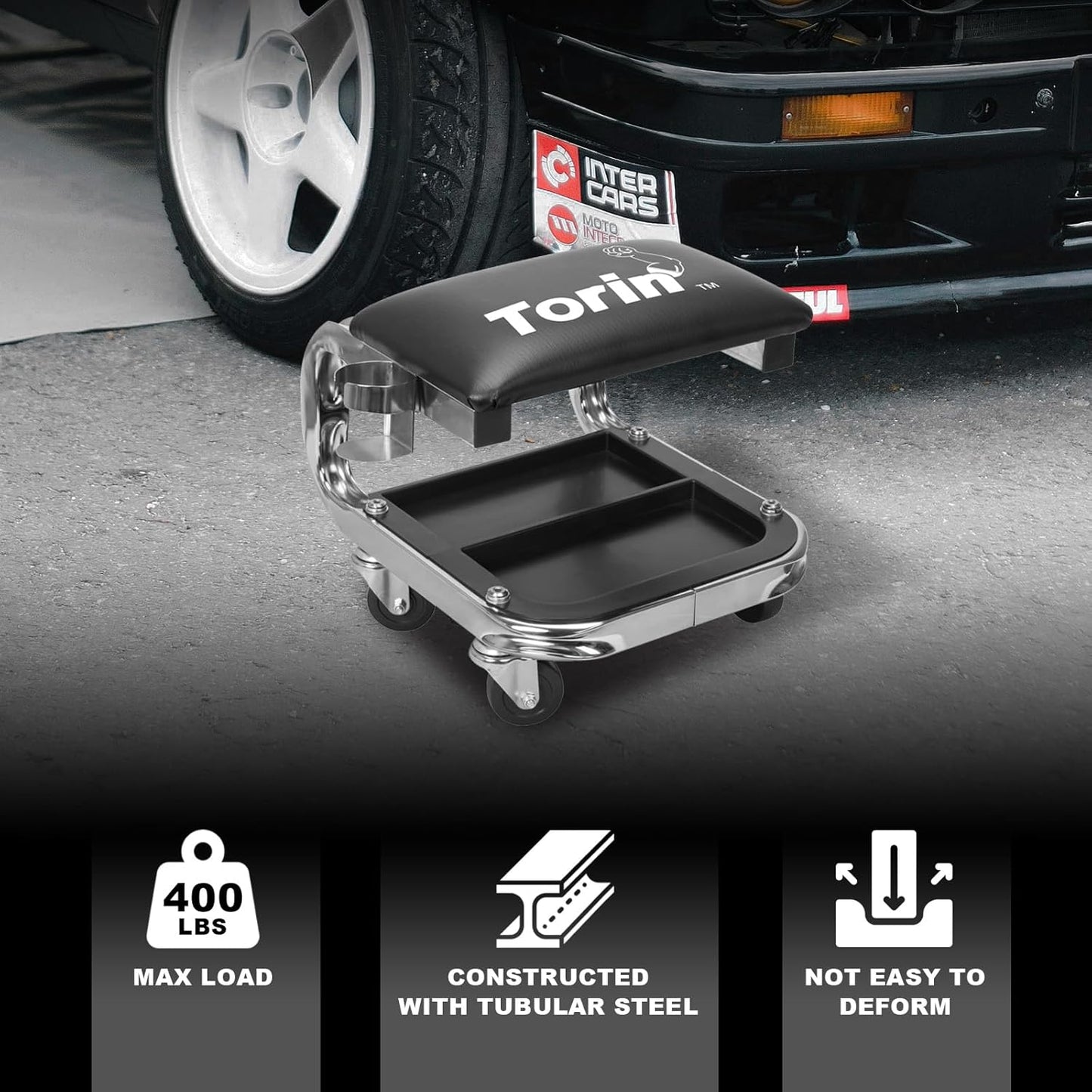 Torin AR7451B Heavy Duty Rolling Creeper Garage/Shop Seat: Padded Mechanic Stool with Tool Tray Storage and Cup Holder, Black