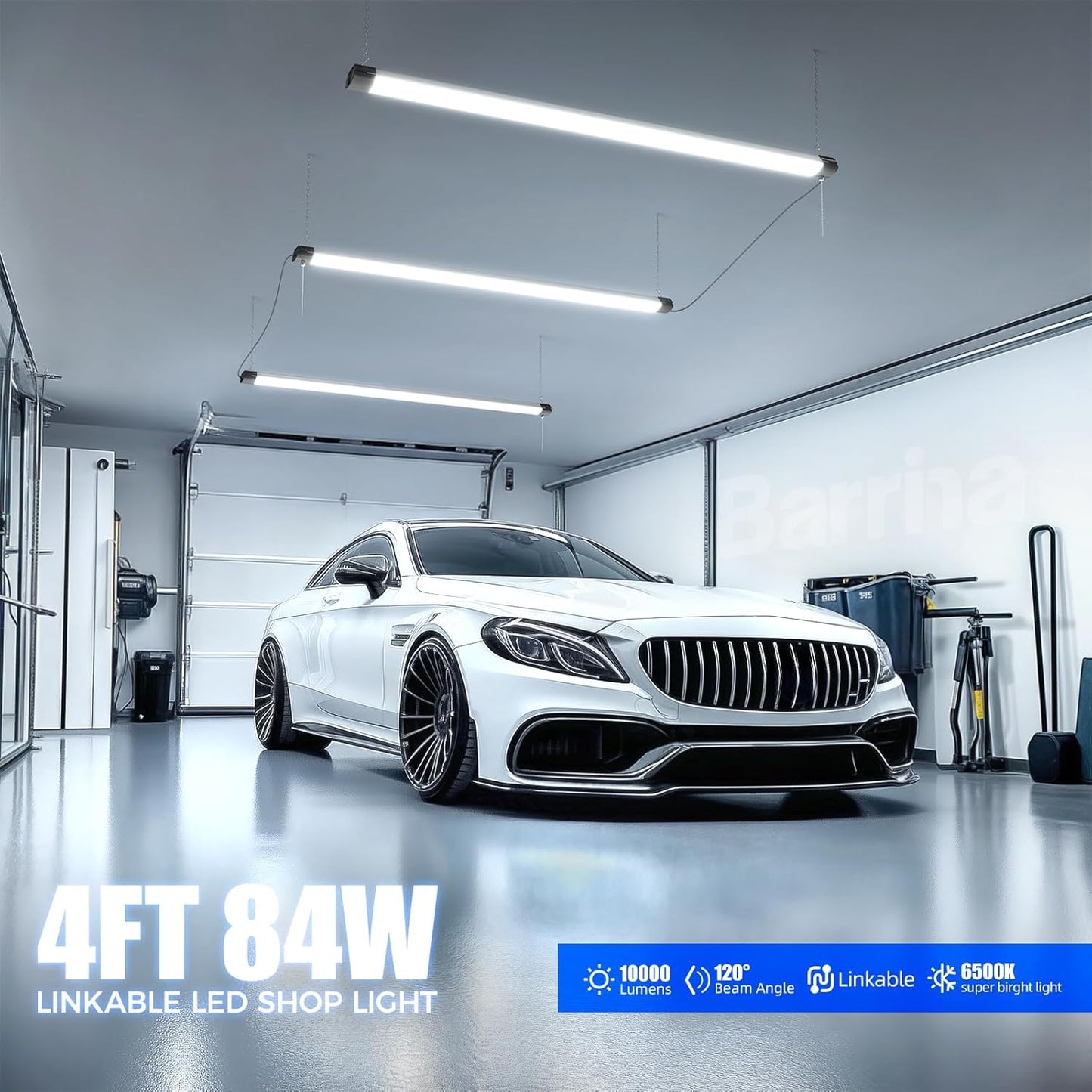 Barrina BS84 LED Shop Light for Garage, 10000LM, 84W, 4FT, 6500K Linkable Light Fixture for Workshop, Basement, Hanging or Flush Mount, Heat Dissipation with Pull Chain Switch, ETL,1 Pack