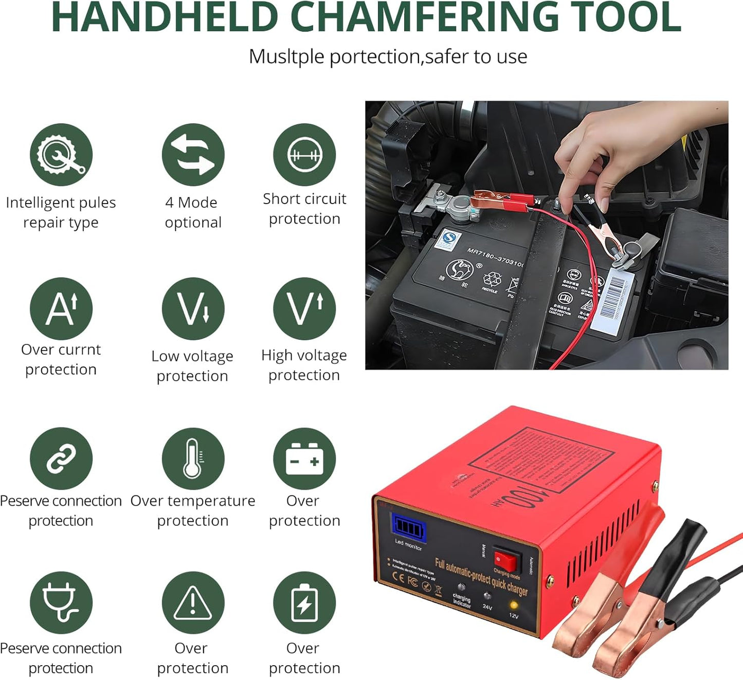 12/24V Battery Charger 10A/7.5A Smart Adjustable Car Battery Charger with Upgraded Cable Clamps, Smart Trickle Charger,Battery Maintainer for Car RV (red)