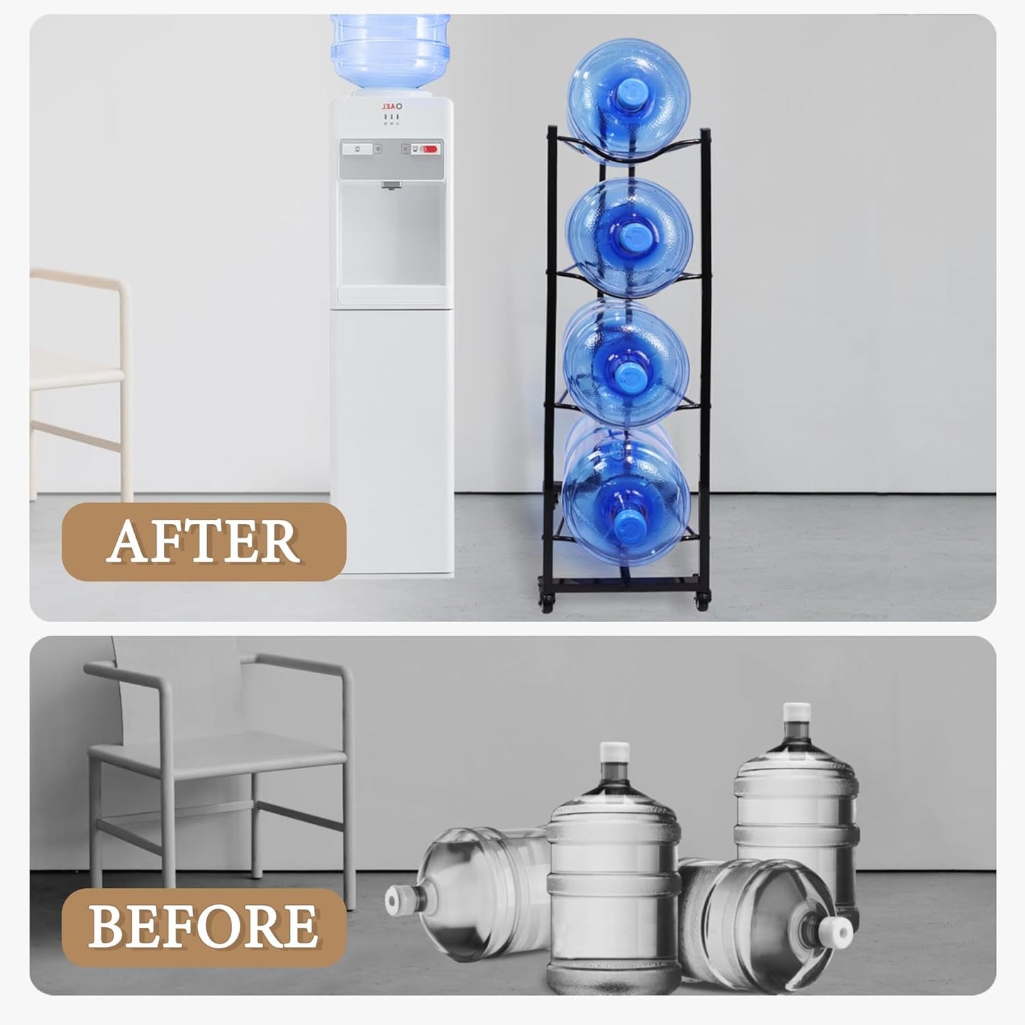 5 Gallon Water Bottle Holder, 4-Tier Heavy Duty Water Cooler Jug Rack, Water Jug Stand with 4 Wheels, Water Jug Rack for Kitchen, Garages - Black
