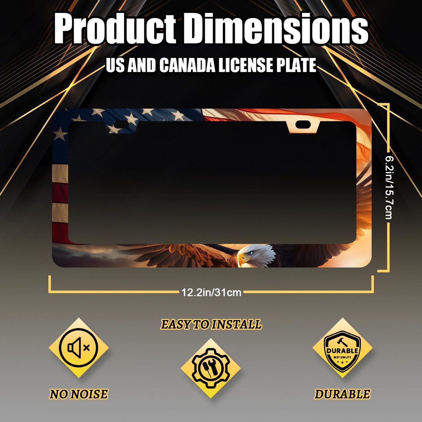 Patriotic Eagle License Plate Frame American Flag Eagle License Plate Holder Stainless Steel Colorful Car Accessories Decoration 6.3" X 12.3" with 2Holes Screws