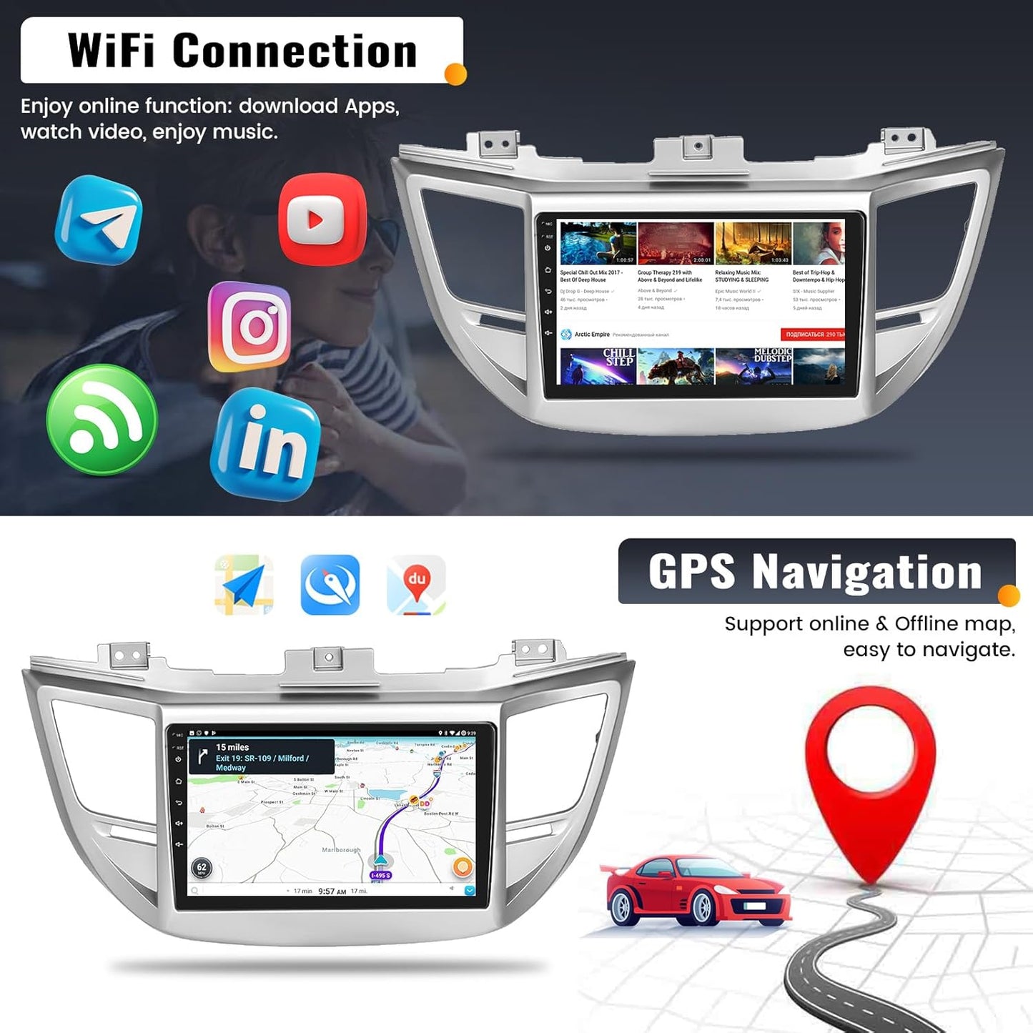 2G+32G 9 Inch Android Car Stereo for Hyundai Tucson 2015-2018 Radio Wireless Apple CarPlay Android Auto Bluetooth Touchscreen GPS Navigation Head Unit WiFi FM USB SWC Split Screen+AHD Backup Camera