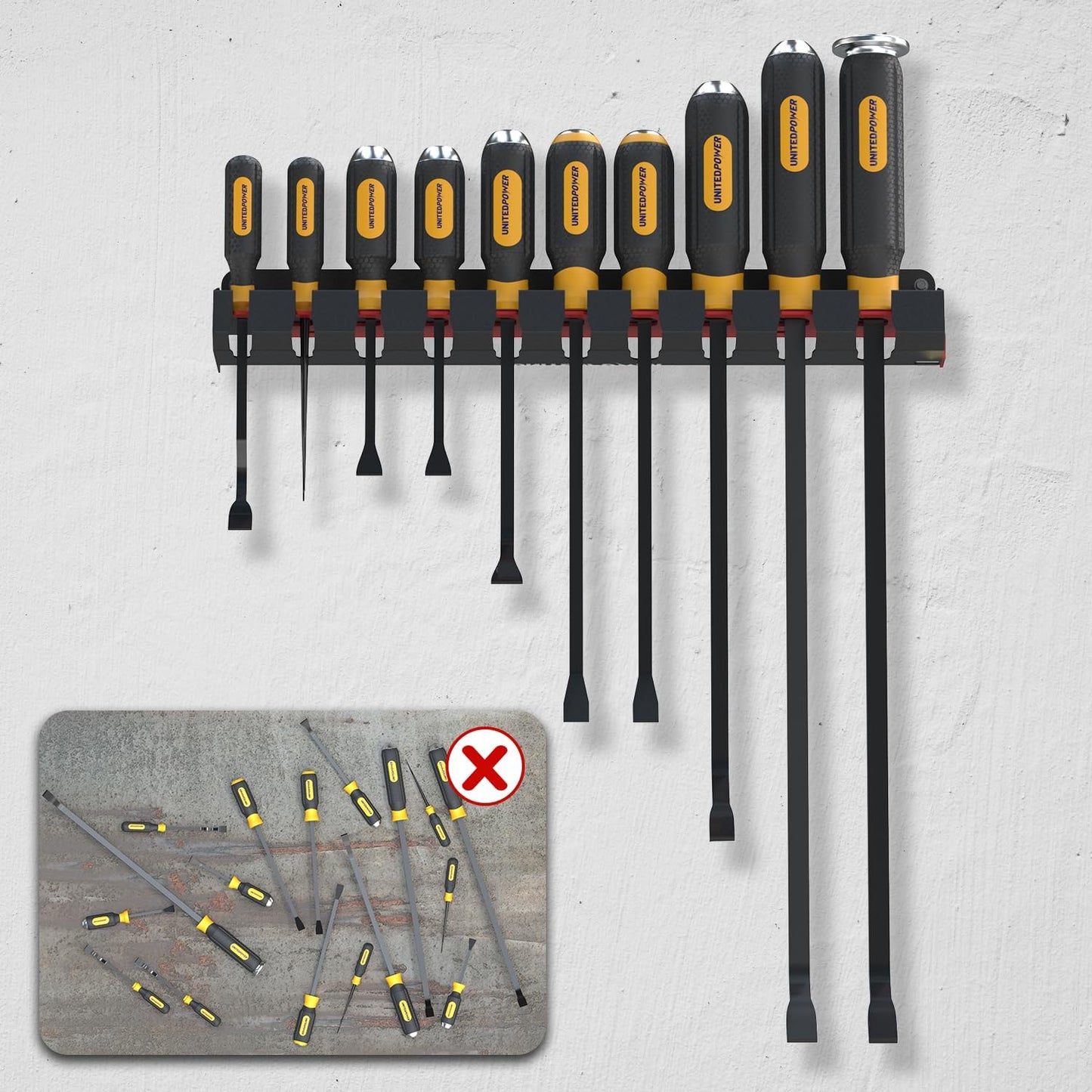 UNITEDPOWER Pry Bar Holder, Lockable Wall Mount Storage Rack Organizer for Workshop, Shed, Garage, Home, Stores up to 10 13 Tools or Extensions