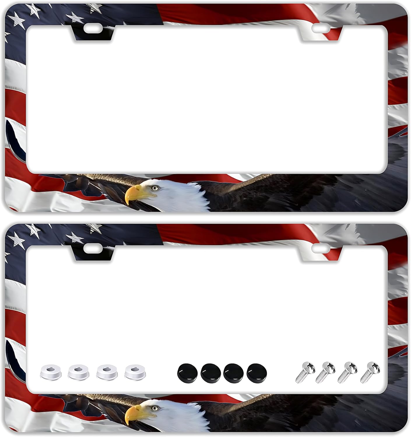 American Flag Eagle License Plate Frames - 2 Pcs Set 2 Holes Stainless Steel Metal Auto Car Accessories Decoration License Plate Frame Cover Size 6.3" x 12.2" Fit US Vehicles for Women Men Gift