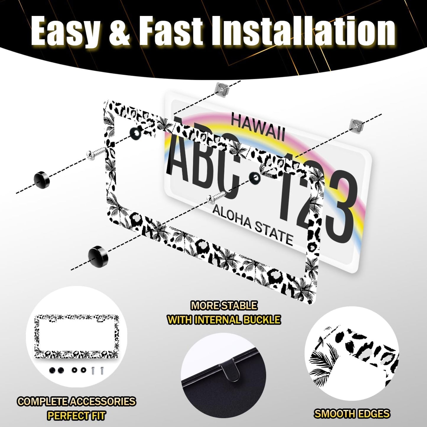 Leopard License Plate Frame Abstract Tropical Palm Trees License Plate Stainless Steel Colorful Car Accessory Funny License Plate Decoration Men Women Size 12.2" x 6.2" with Screws