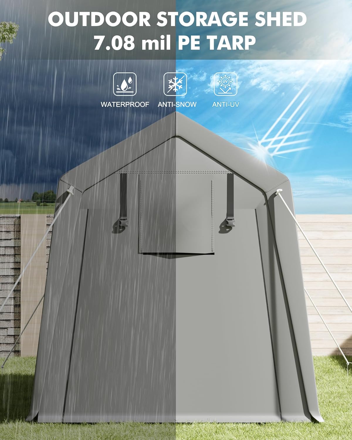 7 x 15 ft Carport Storage Shed, Portable Garage with Roll-up Zipper Door, Heavy Duty Waterproof Tarp, Storage for Motorcycle, Bike, Firewood, Garden Tools