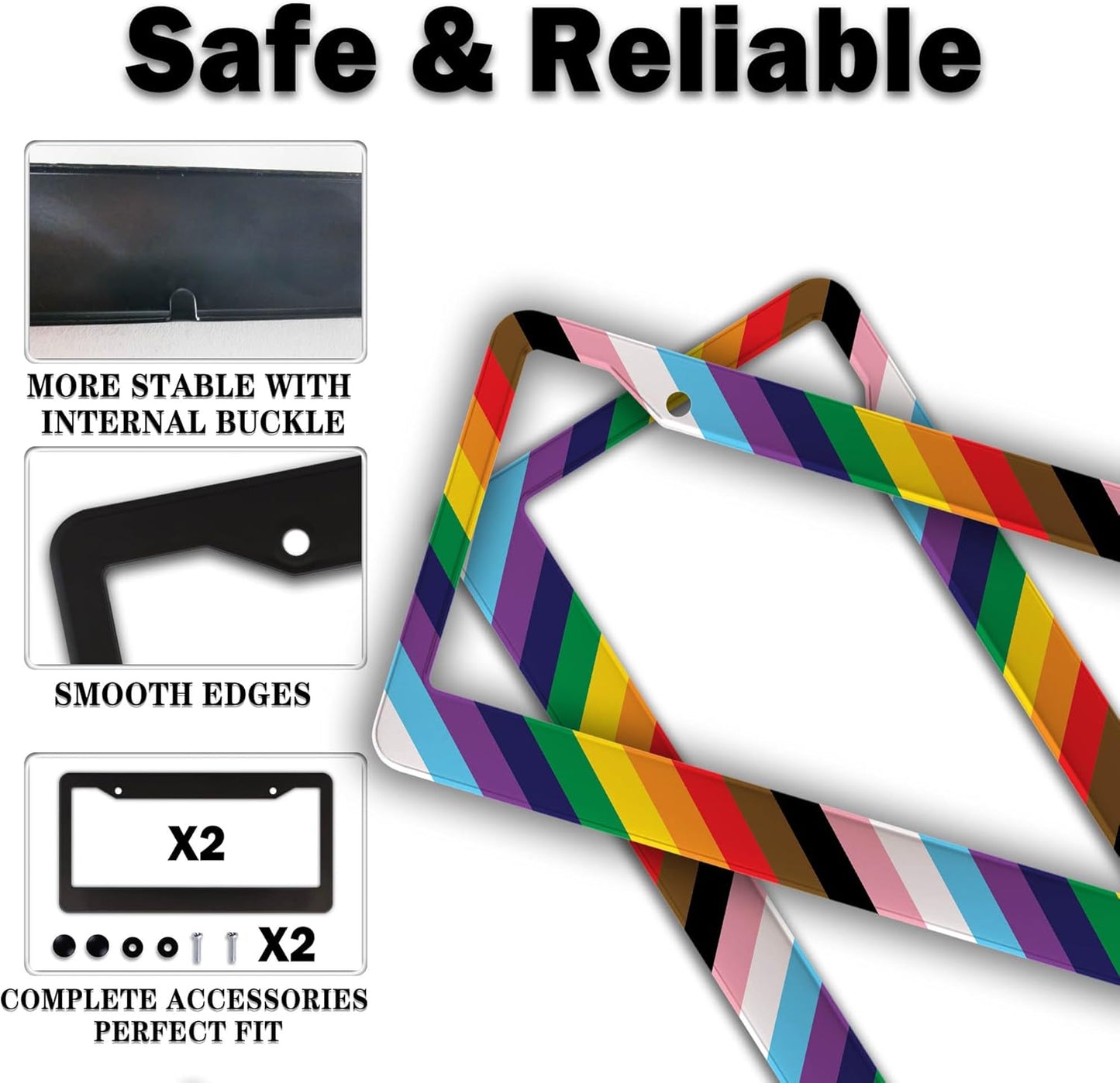License Plate Frames Rainbow Front License Plate Bracket Rainbow Pride Flag Universal Aluminum Car Accessory 2 Pack with Screw Covers Set