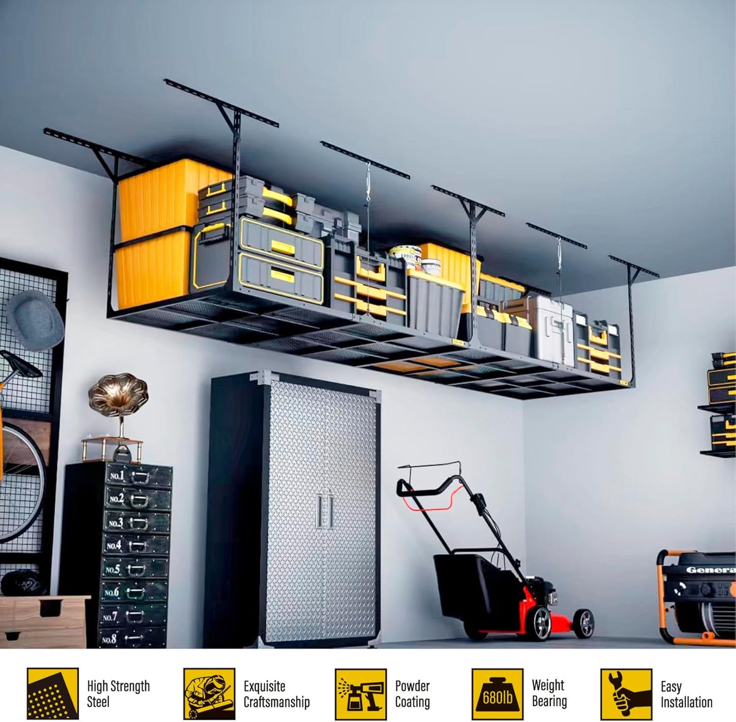 3x6ft Overhead Garage Storage, Adjustable Ceiling Mounted Storage Racks, 36" Length x72 Width x 35" Height, 20''-40" Ceiling Dropdown, 680LBS Weight Capacity (Black)