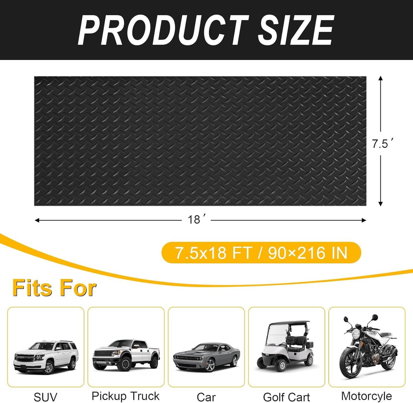 7.5x18 FT Garage Floor Mat, Flooring Roll with 20Pcs Tapes, 135 sqft Diamond Plate PVC Rubber Trailer Mat, Non-Slip Floor Mat for Garage, Warehouse, Gyms, Trailer, Pickup Truck (Black)