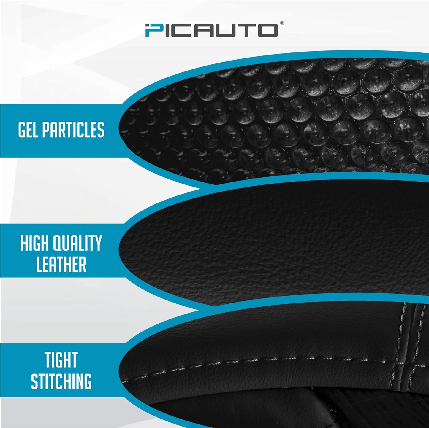 PIC AUTO Gel Particles Steering Wheel Cover, Black Luxury Leather Car Steering Wheel Protector, Universal Fit 14.5"-15.5" Anti-Slip Car Interior Accessories for Girls & Women