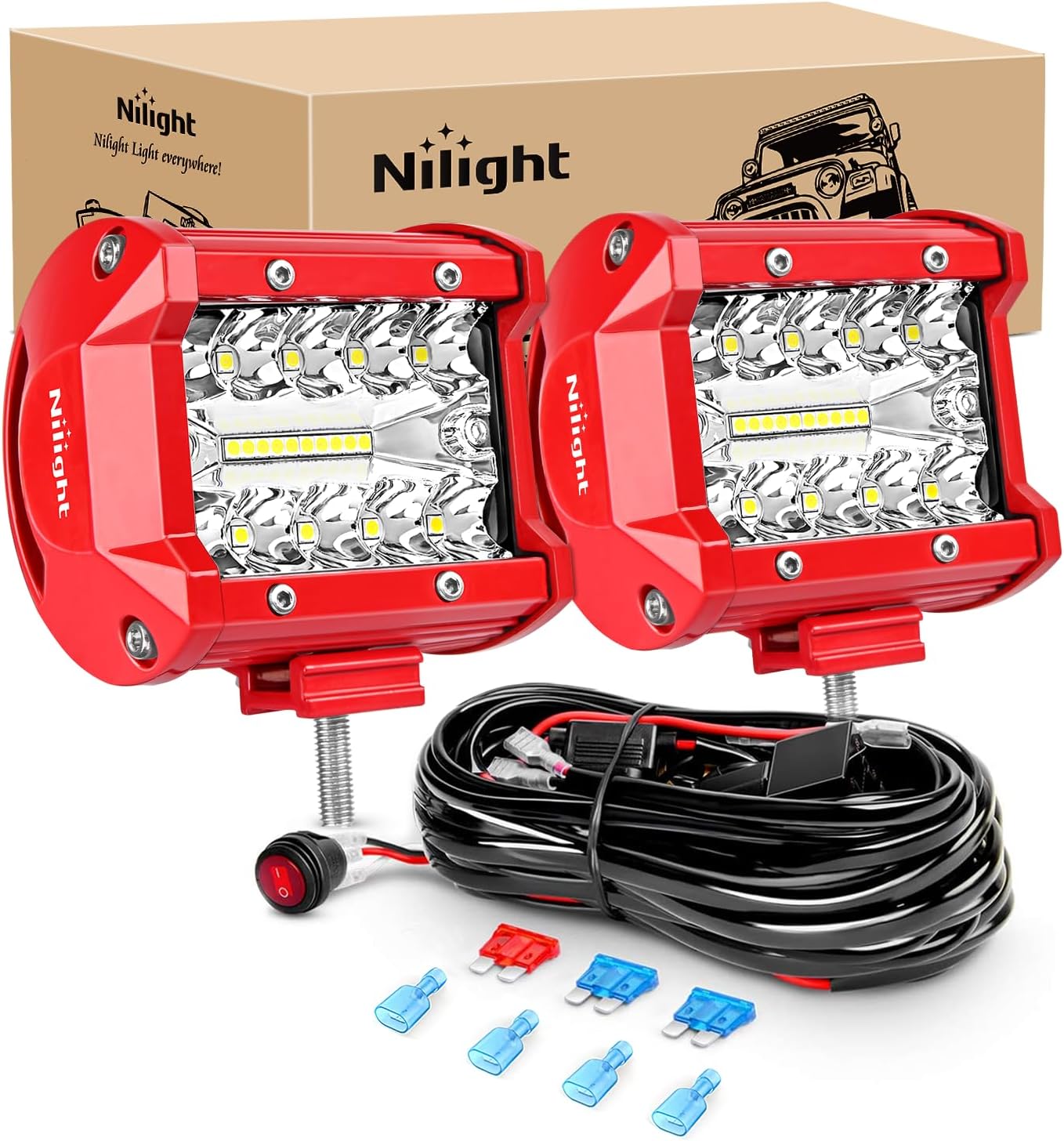Nilight LED Light Bar 2PCS 60W 4Inch Triple Row Spot Flood Combo Lights w/Wiring Kit for Fog Driving Work Lighting on Off-Road Truck Tractor SUV ATV UTV Golf Cart Boats