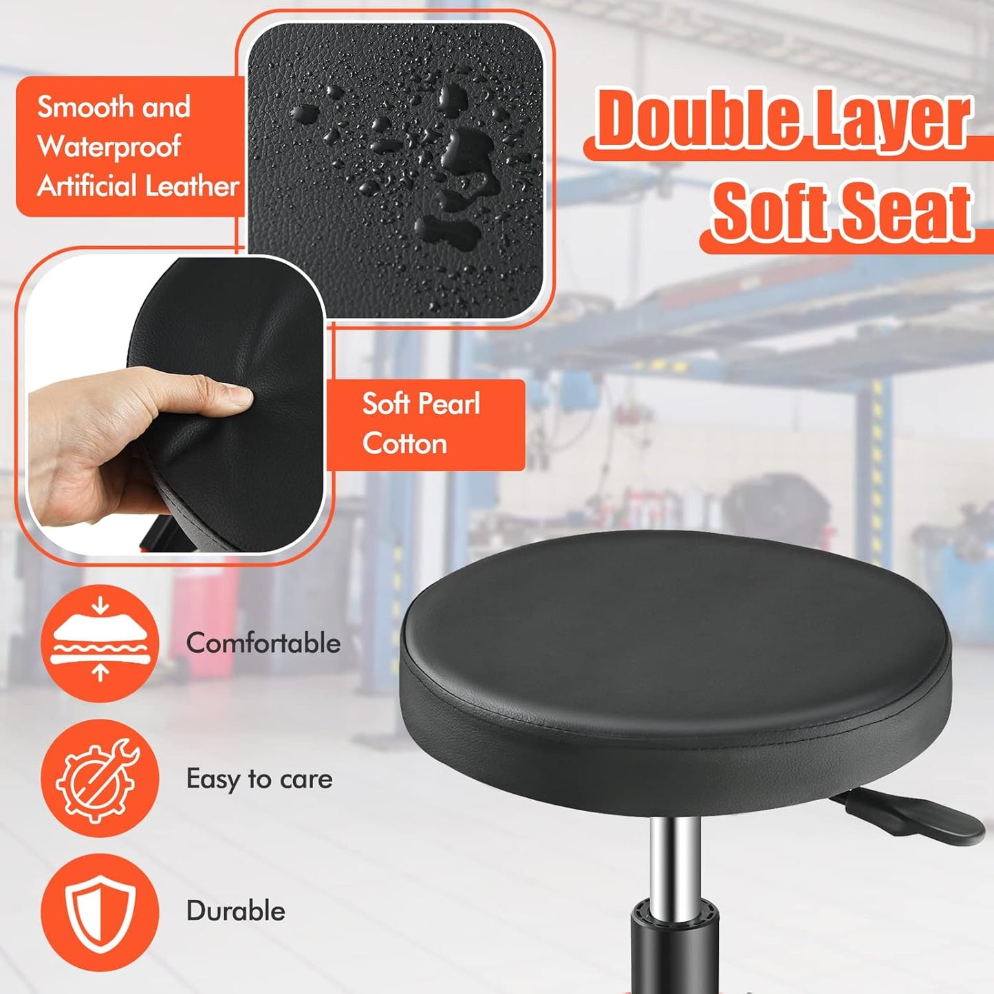 IRONMAX Rolling Mechanic Stool, Adjustable Shop Stool Creeper Seat with Removable Tool Tray, Padded Plush Cushion, Universal Wheels, Heavy Duty Metal Frame, 330 LBS Max Load