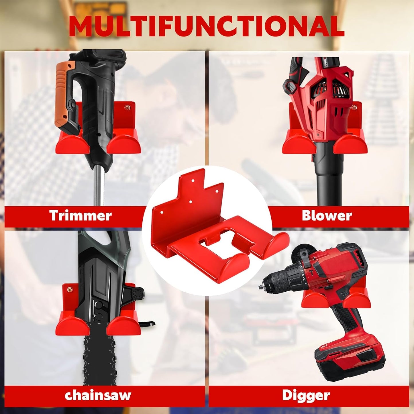 Garage Organization Weedeater Hanger Garage Organizer Trimmer Rack, Wall Mount Garden Tool Organizer Heavy Duty Tool Hangers for Hedge Trimmer, Chainsaw and Leaf Blower (2 Pack, Red)