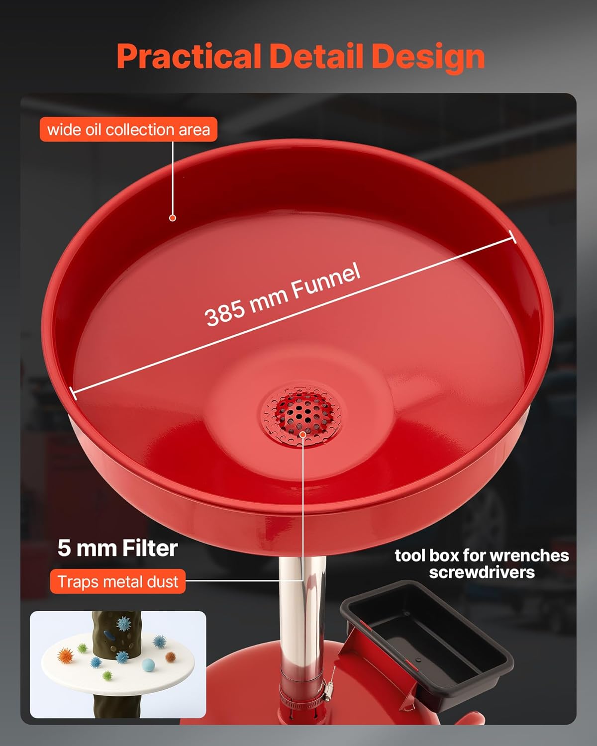 VEVOR 8 Gallon Waste Oil Drain Tank, Industrial Fluid Drain Tank with Adjustable Funnel Height, Portable Oil Drainer with Wheels & Toolbox, Fluid Fuel Transfer Drainage for Auto Repair Shops, Red