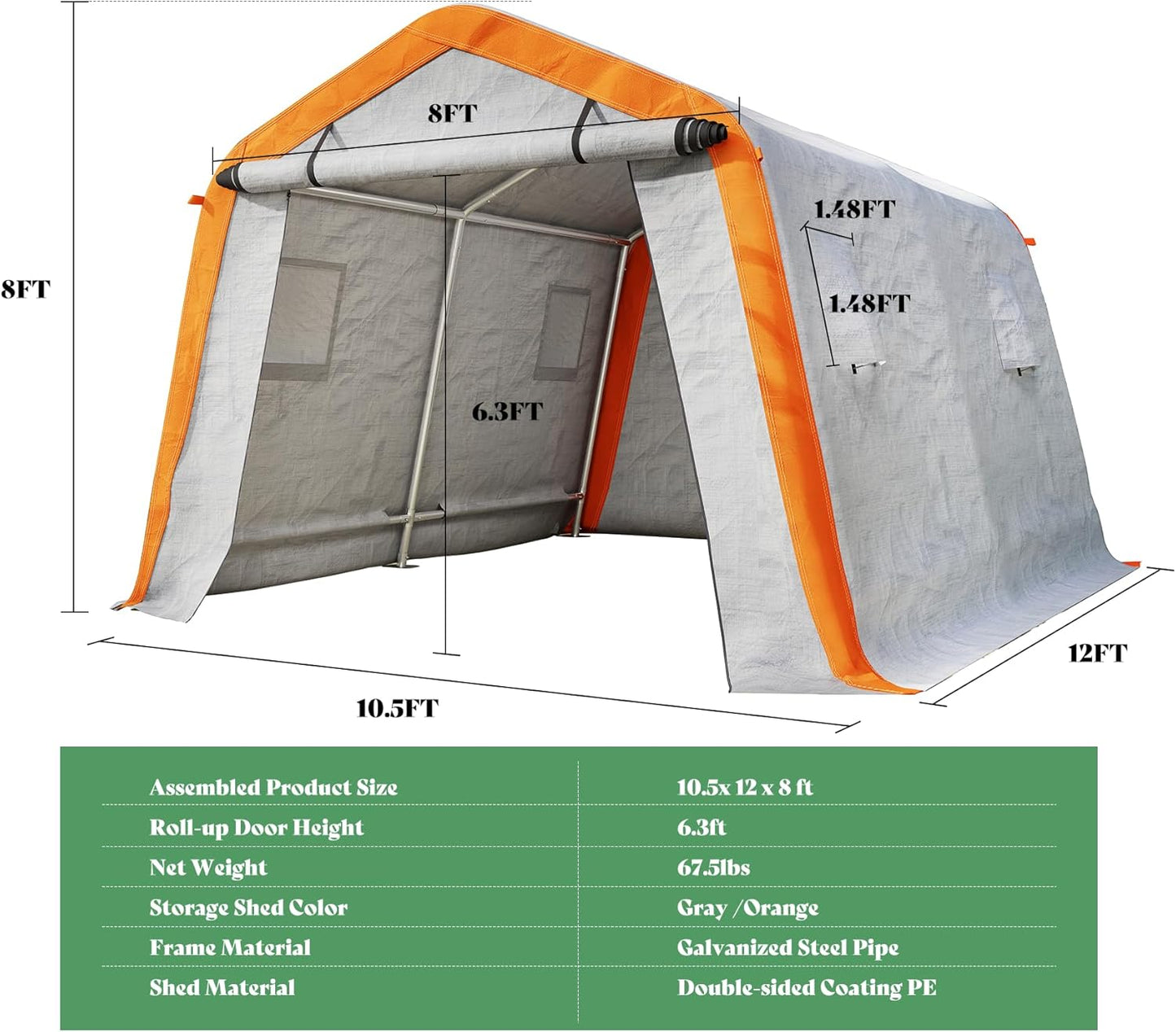 AMERLIFE 10.5x12x8 FT Heavy Duty Portable Shed Storage Shelter, Outdoor Storage Shed with 4 Waterproof Windows & Roll-up Zipper Door, Carport for Motorcycle, Bike, Grey