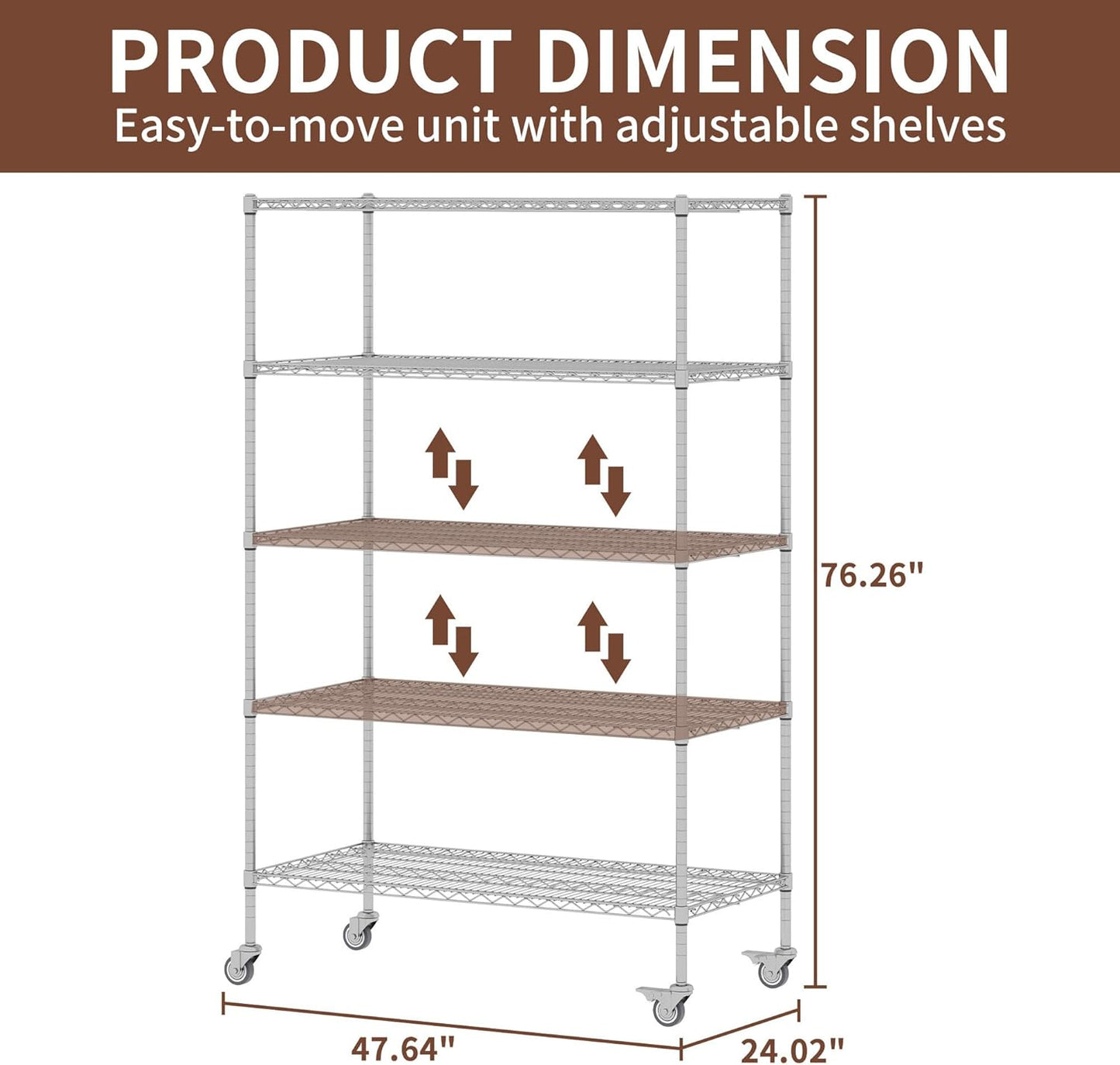 5-Tier Metal Storage Shelving Unit, Adjustable Storage Rack Display Shelves, Industrial Steel Wire Shelf on Wheels, Commercial and Home Use, 48”W x 24”D x 72”H, 1500 LBS Capacity