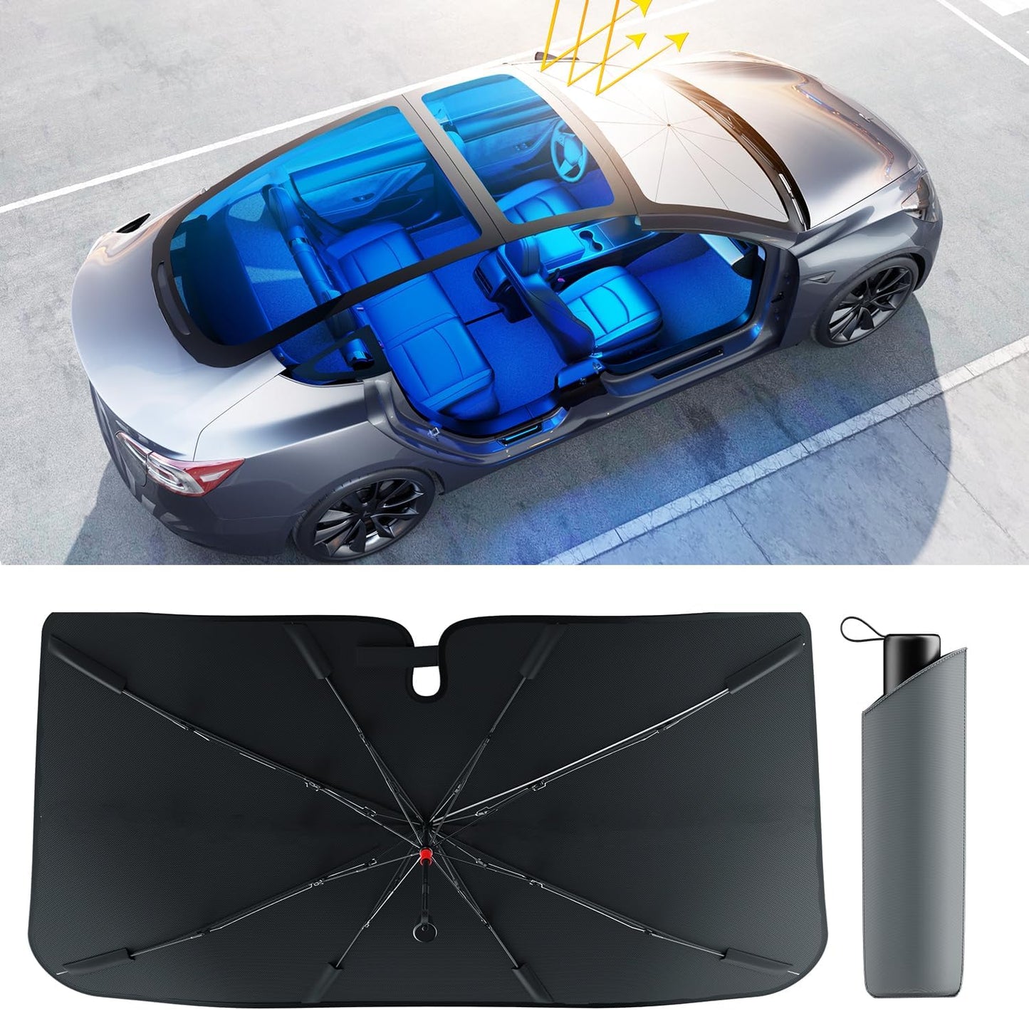 [Updated Version] Car Windshield Sun Shade, [Effective Keep Cool] Spring Structure Umbrella Sunshade for Cars Windshield, Protect from Sun Rays, Heat Damage and Protect Interior