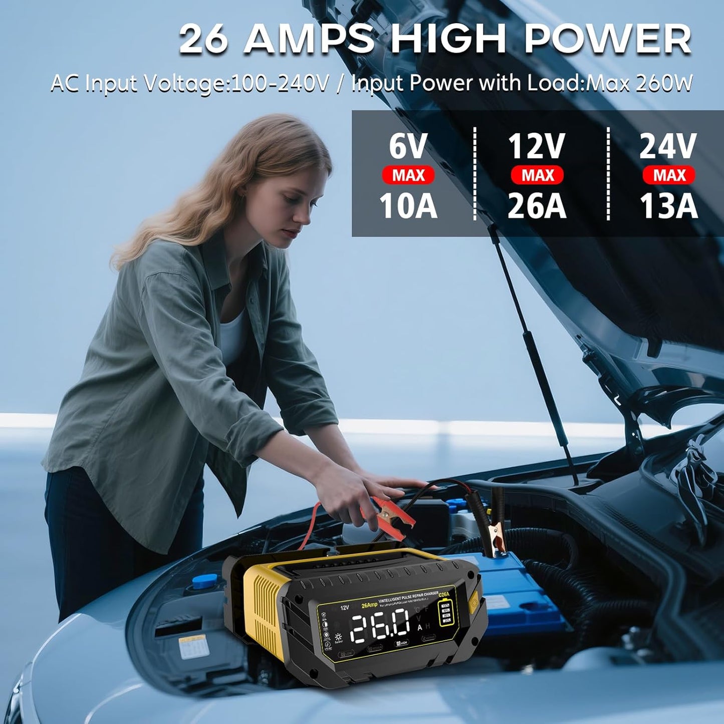 Battery Charger 0-26A 6V/12V/24V Lithium LiFePO4 Lead Acid, Fully Automatic Car Battery Maintainer, Smart Trickle Charger, Automotive w/Pulse Repair for AGM, STD, Gel, Deep Cycle Batteries ﻿