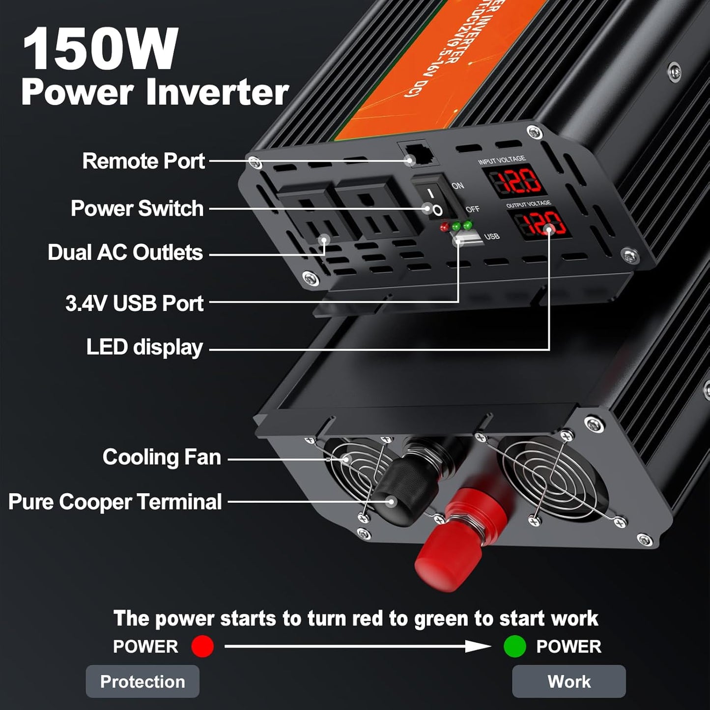 3000W Power Inverter,Peak Power 6000W 12V DC to AC 110V120V,Remote Control with 2AC Outlets and 2.4USB Port,LCD Display for Power Converter,Outdoor Activities,Emergency,Vehicles Truck RV Solar System