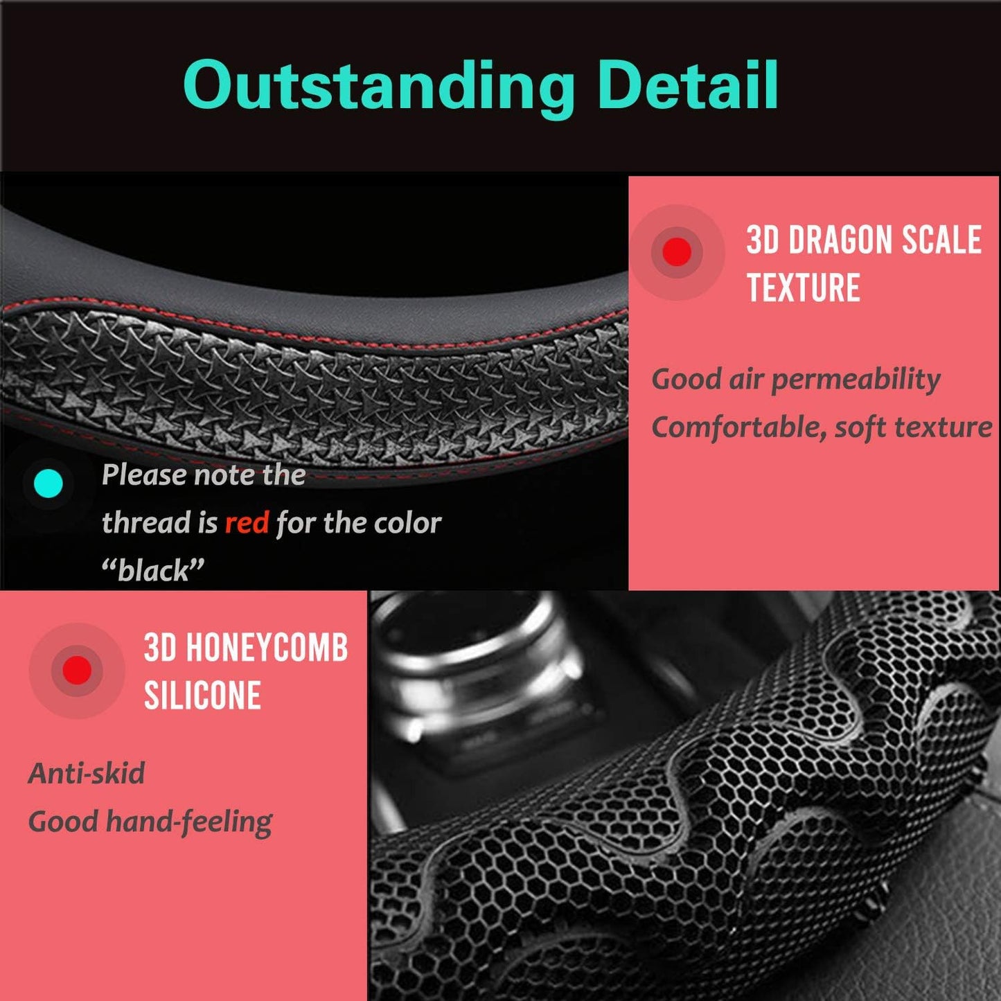 PINCTROT Small Size Steering Wheel Cover Great Grip with 3D Honeycomb Anti-Slip Design, 14 Inch (Black/Red Stitch)
